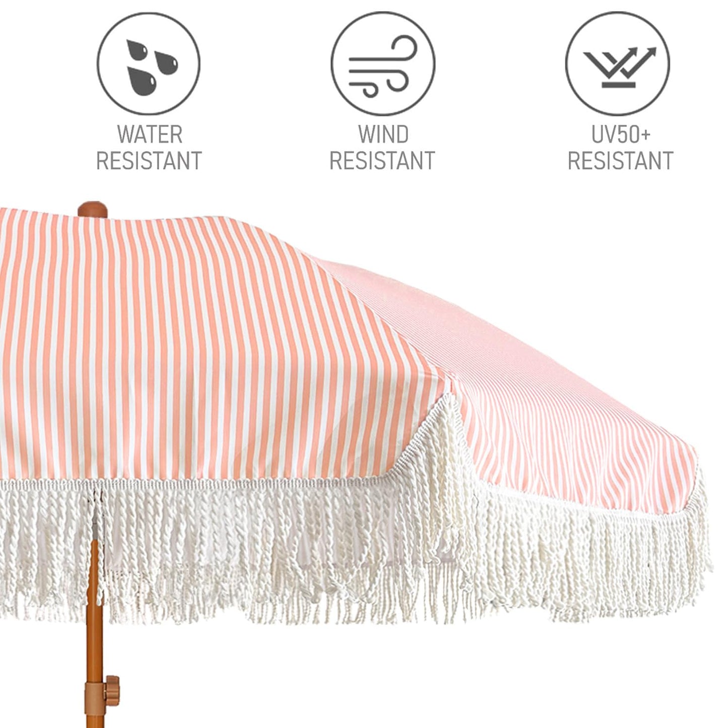 AMMSUN 7ft Patio Umbrella with Fringe Outdoor Tassel Umbrella UPF50+ Premium Steel Pole and Ribs Push Button Tilt, Pink Stripe