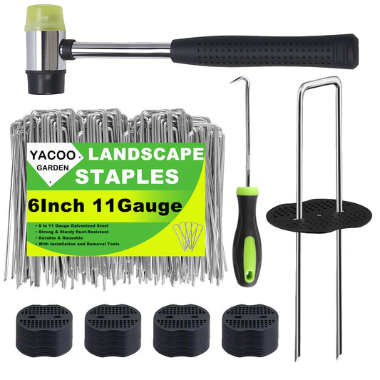 YACOO 6 Inch Landscape Staples Set, 11 Gauge Galvanized U-Shaped Garden Stakes (100 Pack) with Gaskets, Hook Tool & Rubber Mallet for Weed Fabric & Landscaping