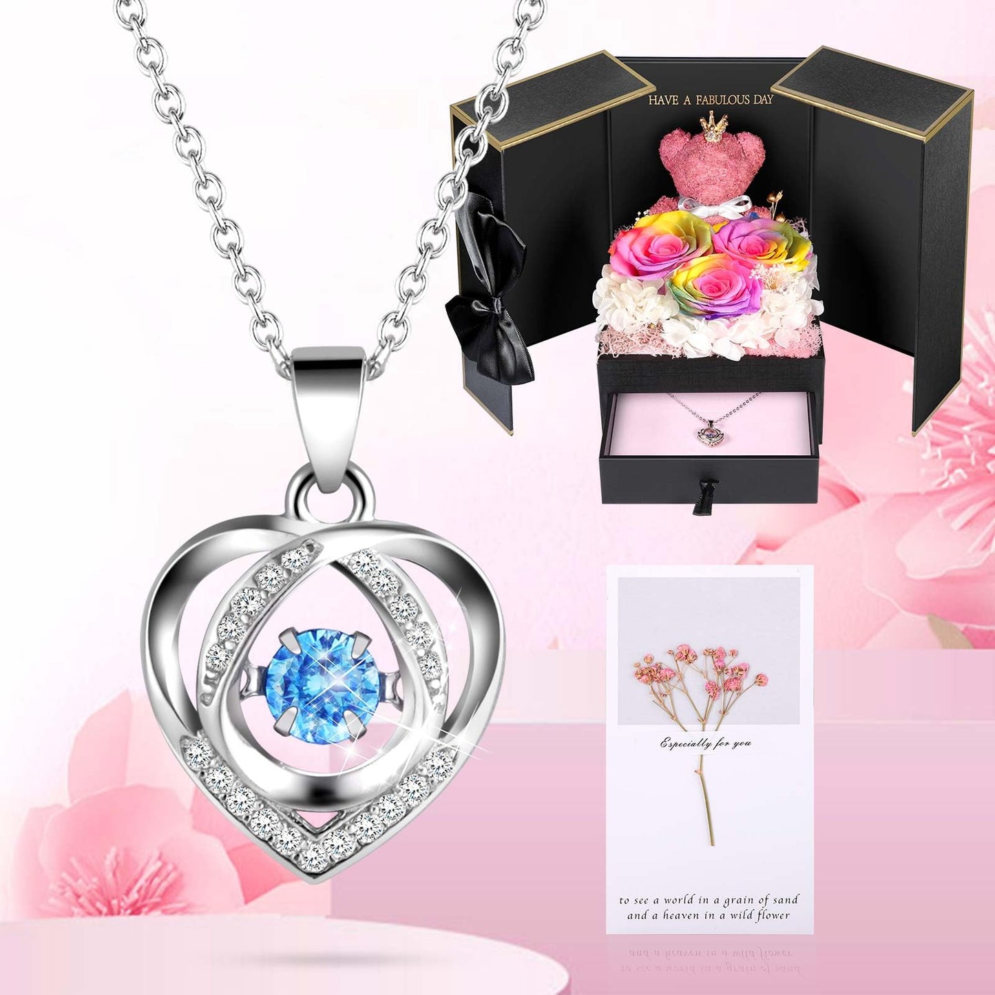 ADDWel Preserved Real Rainbow Rose with Sterling Silver Necklace Gift Set - Romantic for Wife, Girlfriend - Eternal Flowers Gifts for Anniversary, Birthday