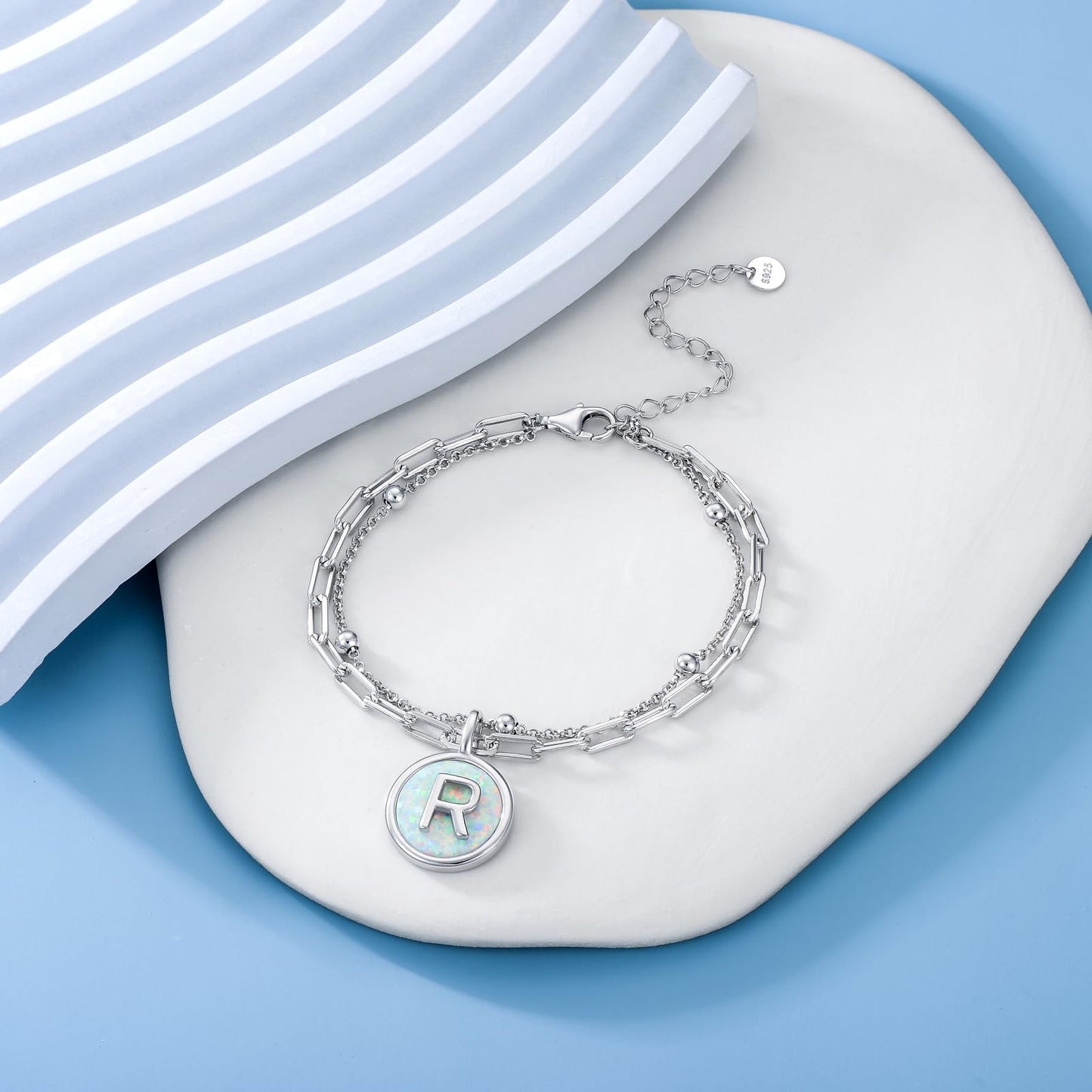 LWQQWL Initial R Bracelet for Women 925 Sterling Silver Layered Initial Bracelet Opal Letter 26 Alphabet Jewelry Christmas Gifts