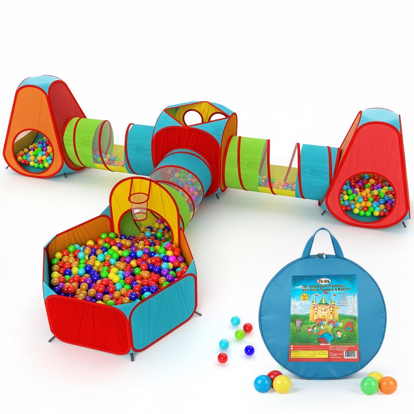 Playz 7pc Kids Play Tent with 1 Big Ball Pit for Babies, 3 Play Tunnel for Toddlers, and 3 Pop Up Tents Playhouse Bundle, Best Birthday Gift for Boys & Girls, Indoor & Outdoor Use Portable Play Center
