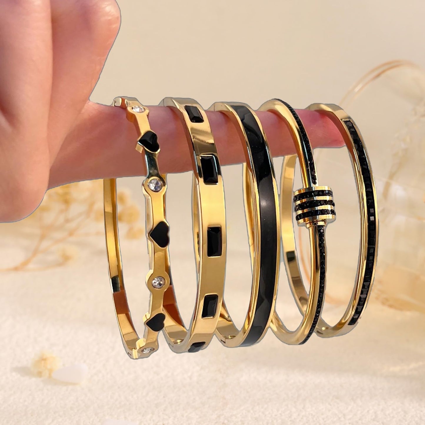 Camhanno 18K Gold Plated Stainless Steel 5-Piece Gold Bangle Bracelet Set for Women - Pink Crystal Friendship & Love Heart Design, Stackable Bangles Jewelry - Ideal Birthday Gift for Women (Black)