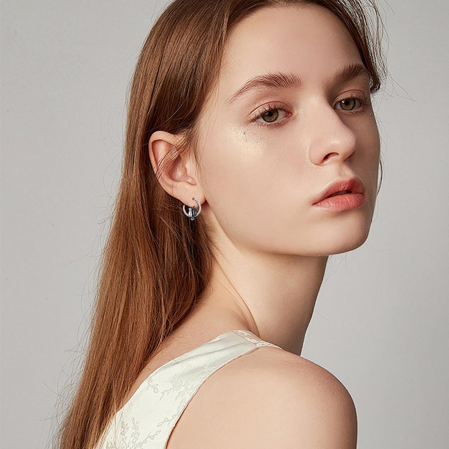 Two Cats Earrings 925 Sterling Silver Black and Silver Cat Huggie Hoop Earrings Animal Jewelry Best Friend Couples Sister Gifts for Cat Lovers Women