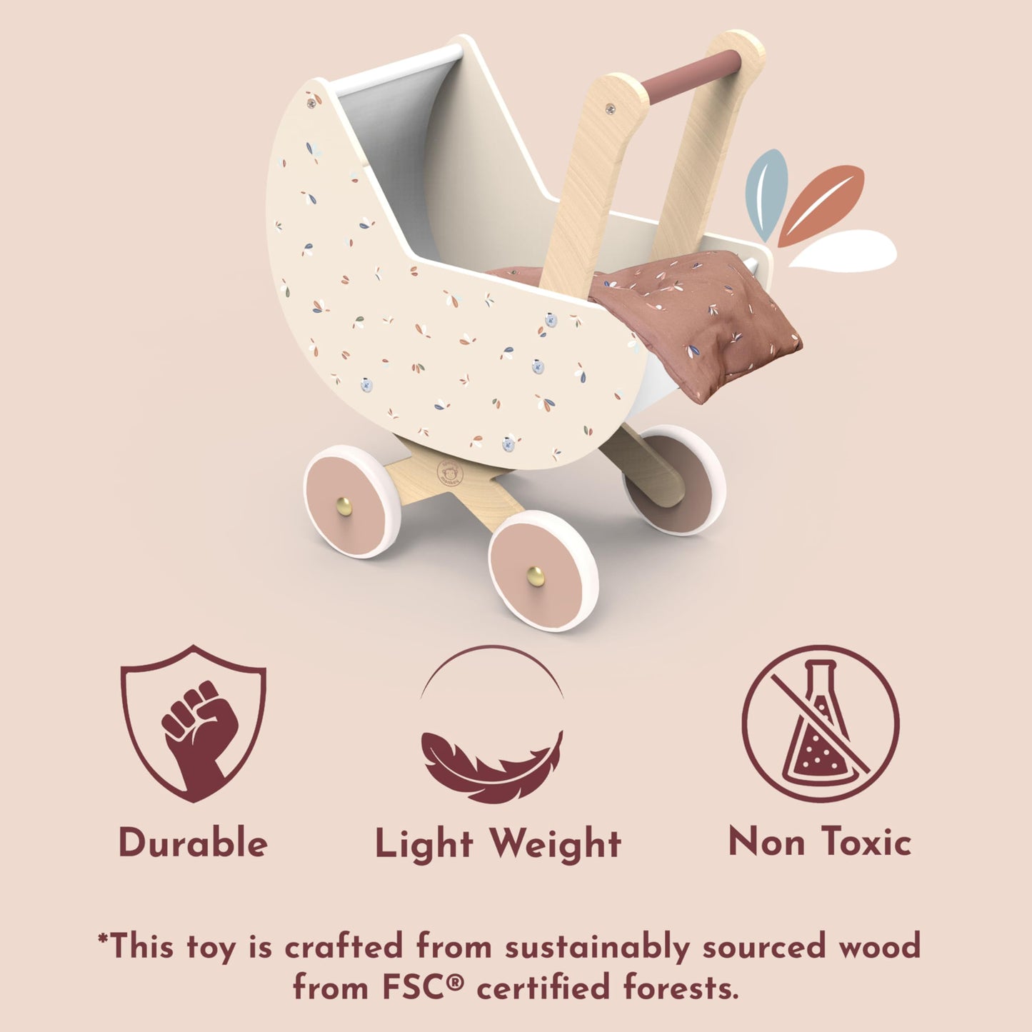 SPEEDY MONKEY Wooden Doll Stroller Pram | Pretend Play Push Toy for Toddlers | Kids’ Baby Doll Walker with Soft Bedding | Durable Role-Play Stroller for Imaginative Play & Nursery Decor