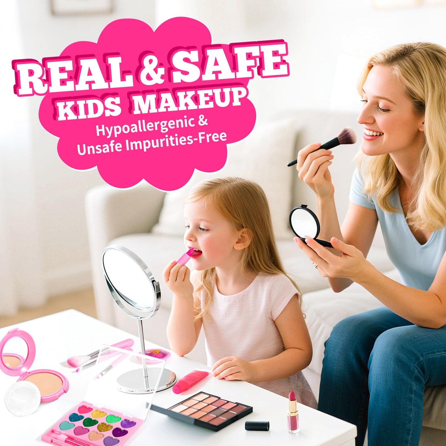ULOVEME Mica-Based Kids Makeup, Talc Free Real Makeup Kit for Girls with Fluffy Purse - Hypoallergenic Makeup for Sensitive Skin Kids - Non Toxic & Washable - Gift for 5 -8 Years Old Girls Birthday