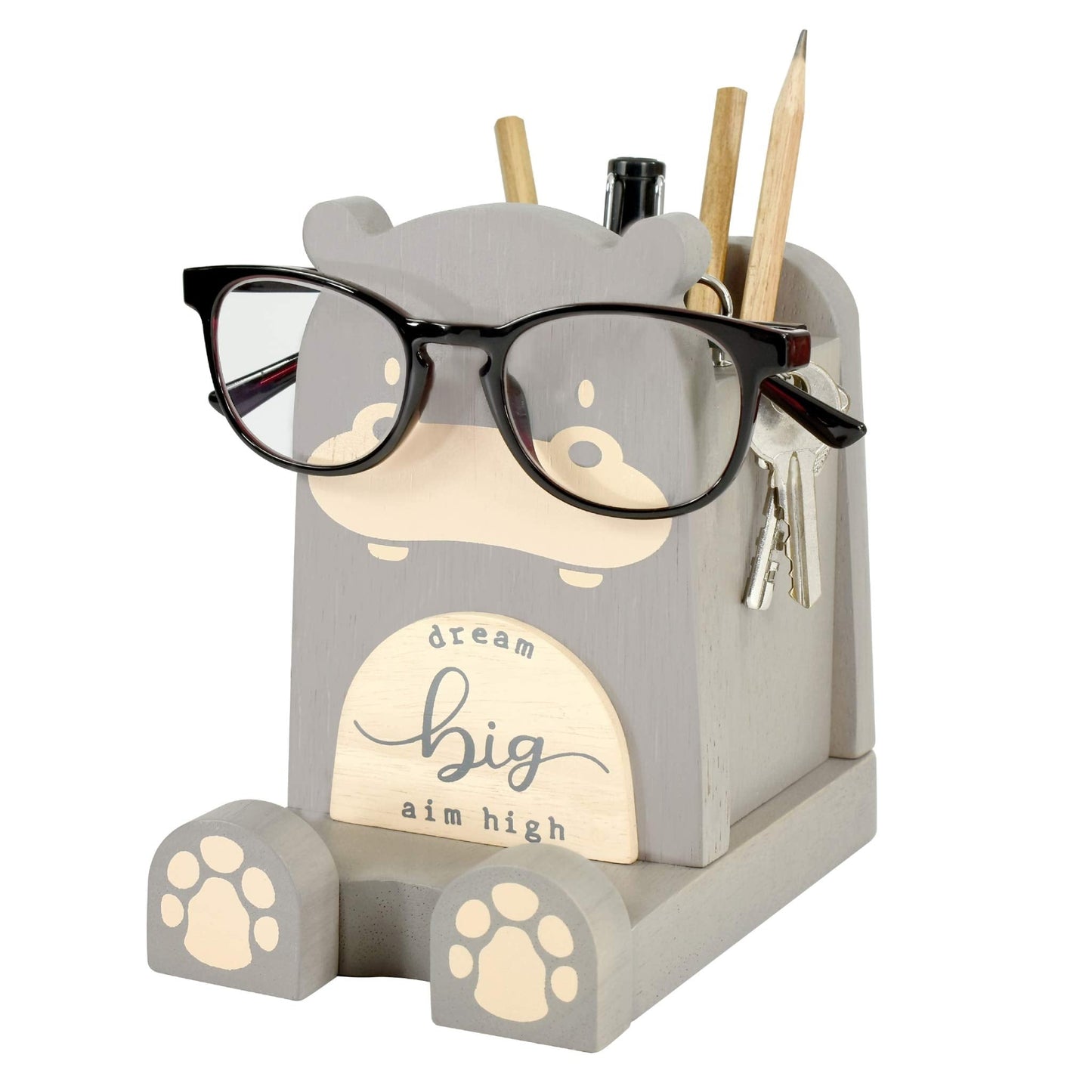 I'm Wood Multipurpose Eyeglass Phone Pen & Pencil Holder Stand Stationery Desk Box Organizer Accessories Decor Home Office Desktop Birthday Graduation Gifts “Dream Big Aim High” (Hippo)