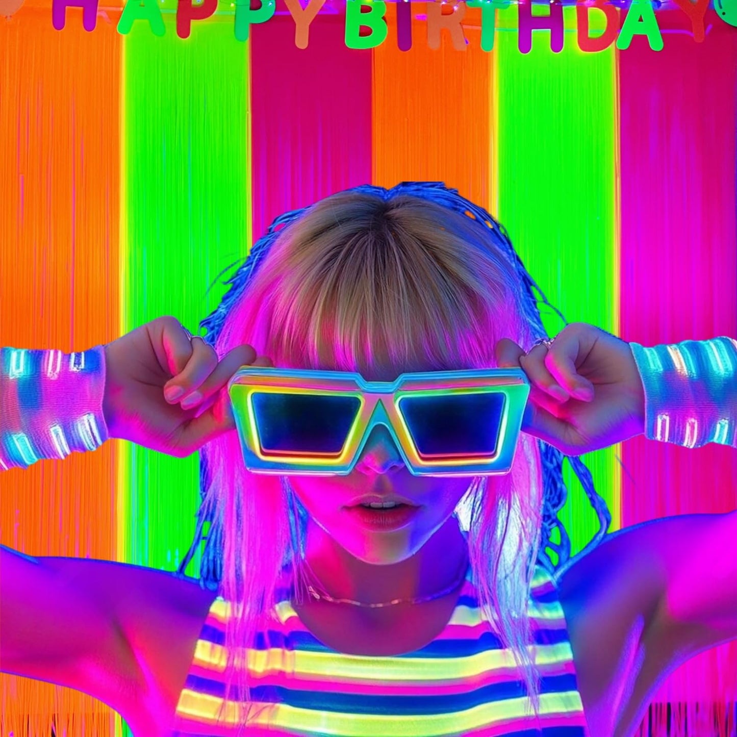 Aduck Glow in The Dark Party Supplies, Neon Party Decorations Foil Fringe Curtains with Tinsel Backdrop(2-Pack), Fluorescent Yellow/Orange/Pink Streamers for Photo Booth Birthday Decorations-6.6x6.6ft