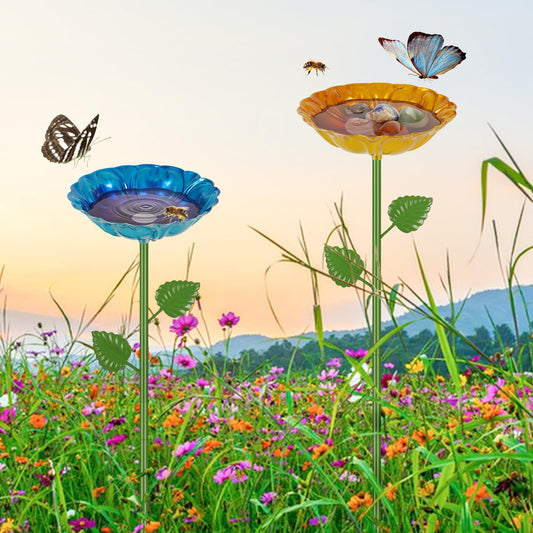 Retyion Bee Watering Station | 2 Pack Bee Baths for Garden | Metal Flowers Decorative Garden Stakes | Butterfly Feeder for Outside Garden Yard Decor (Blue,Yellow)
