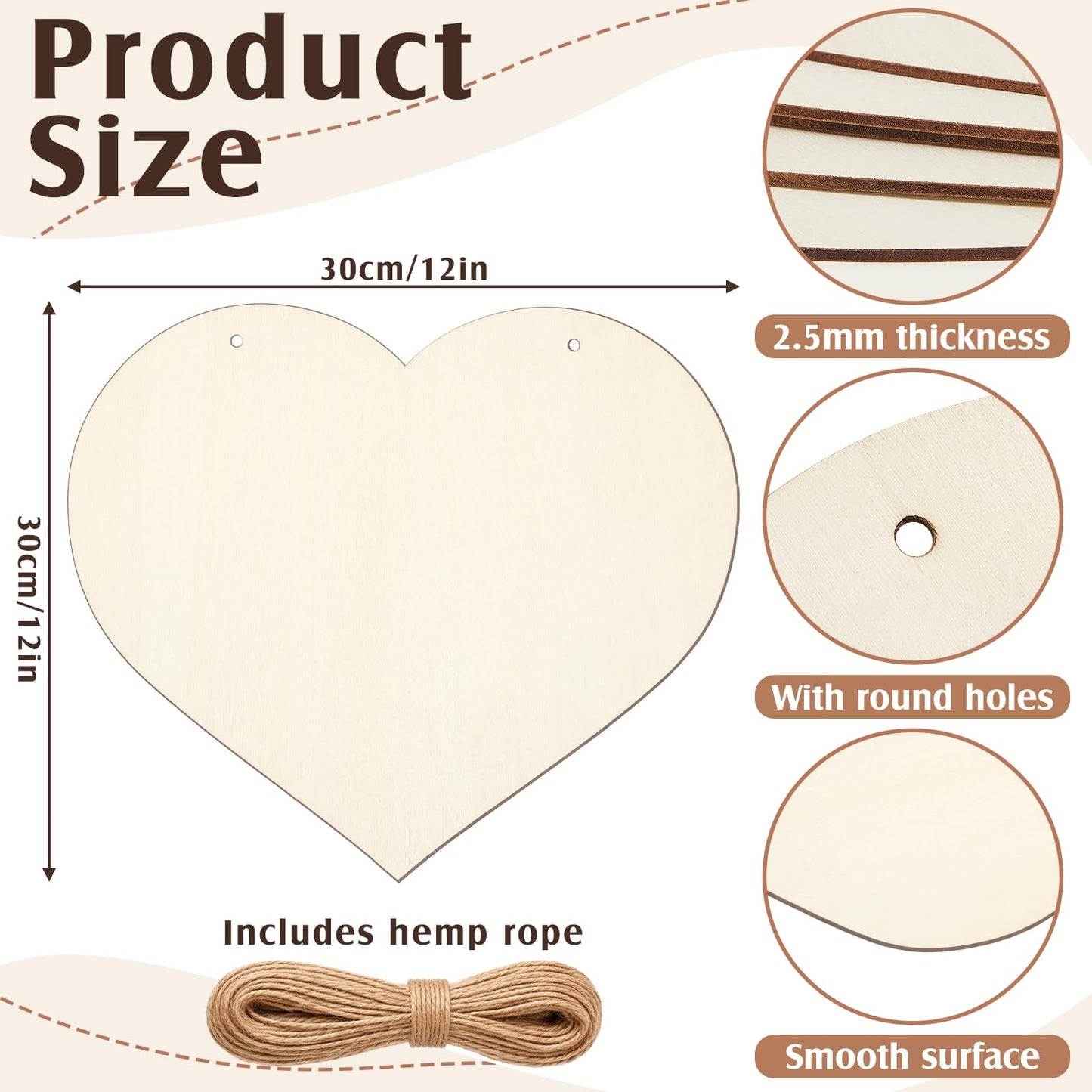 Qunclay 10 Pcs Natural Wooden Hearts Ornaments for DIY Crafts 11.8 Inch Blank Unfinished Predrilled Heart Slices with Hemp Rope for Father's Day Wedding Home Front Door Decor