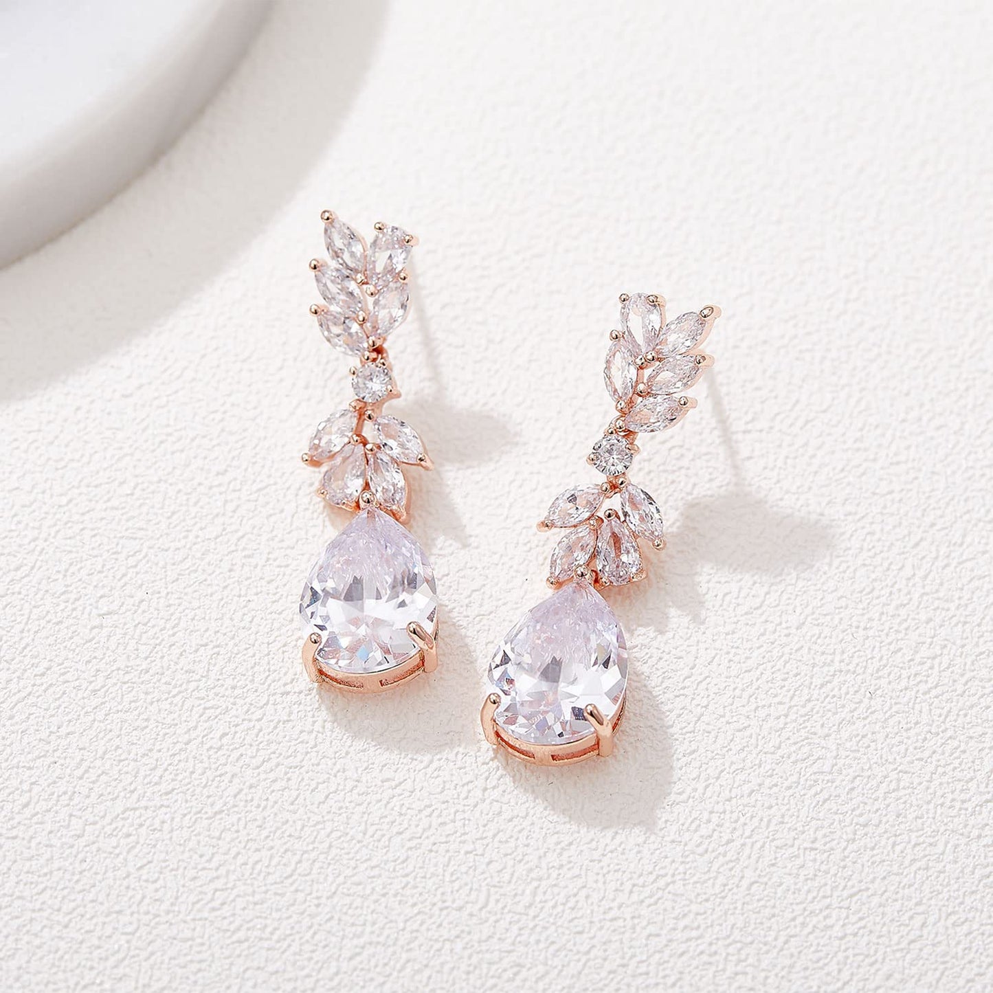 SWEETV Rose Gold Plated Marquise Wedding Earrings for Brides, Bridesmaids, Teardrop Crystal Cubic Zirconia Bridal Drop Earrings for Women Prom
