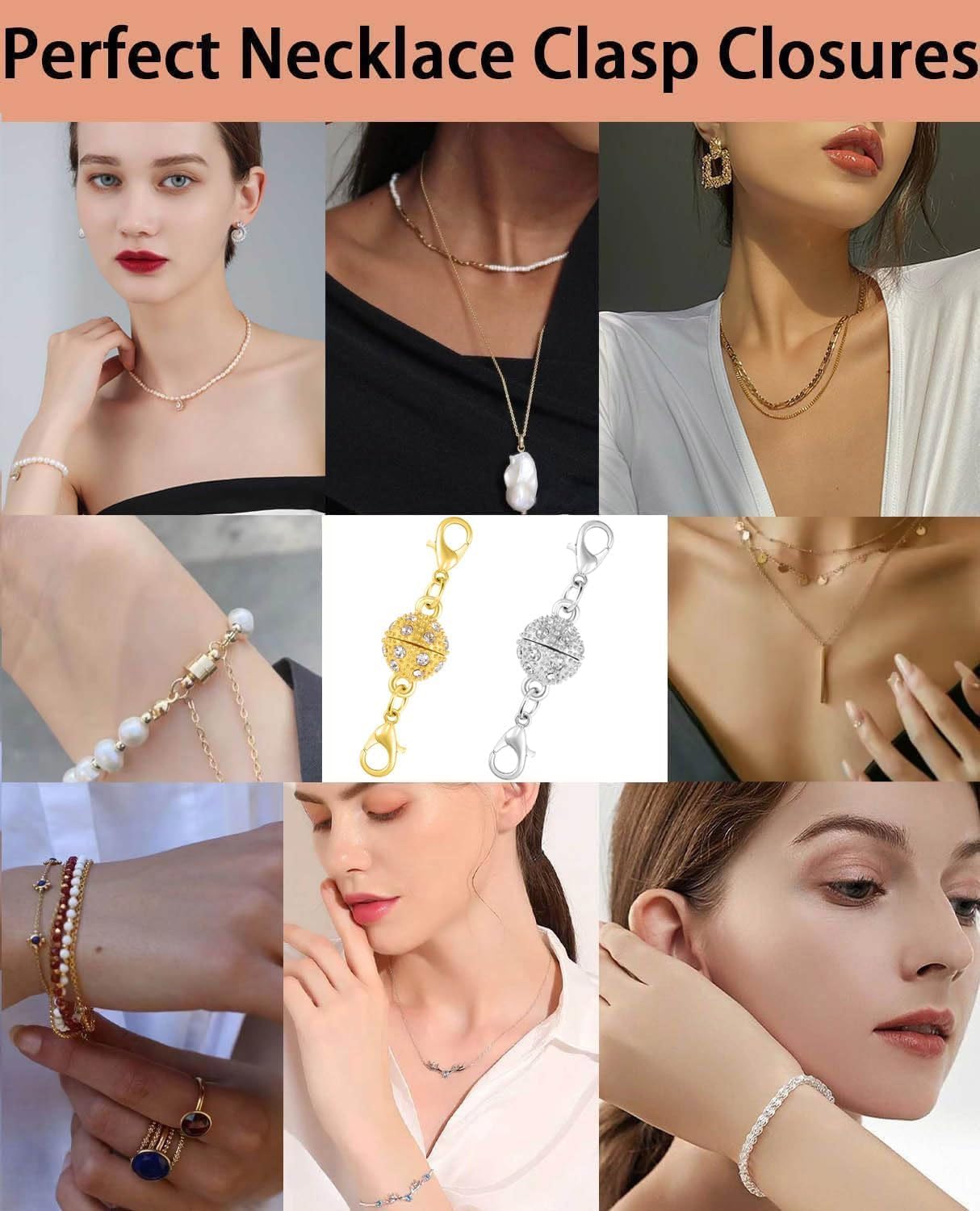 Magnetic Necklace Clasps, 18K Gold and Silver, Crystal Rhinestone Ball Connector with Lobster Clasp, Jewelry Extender for Necklaces, Bracelets (6pcs Golden Silvery)