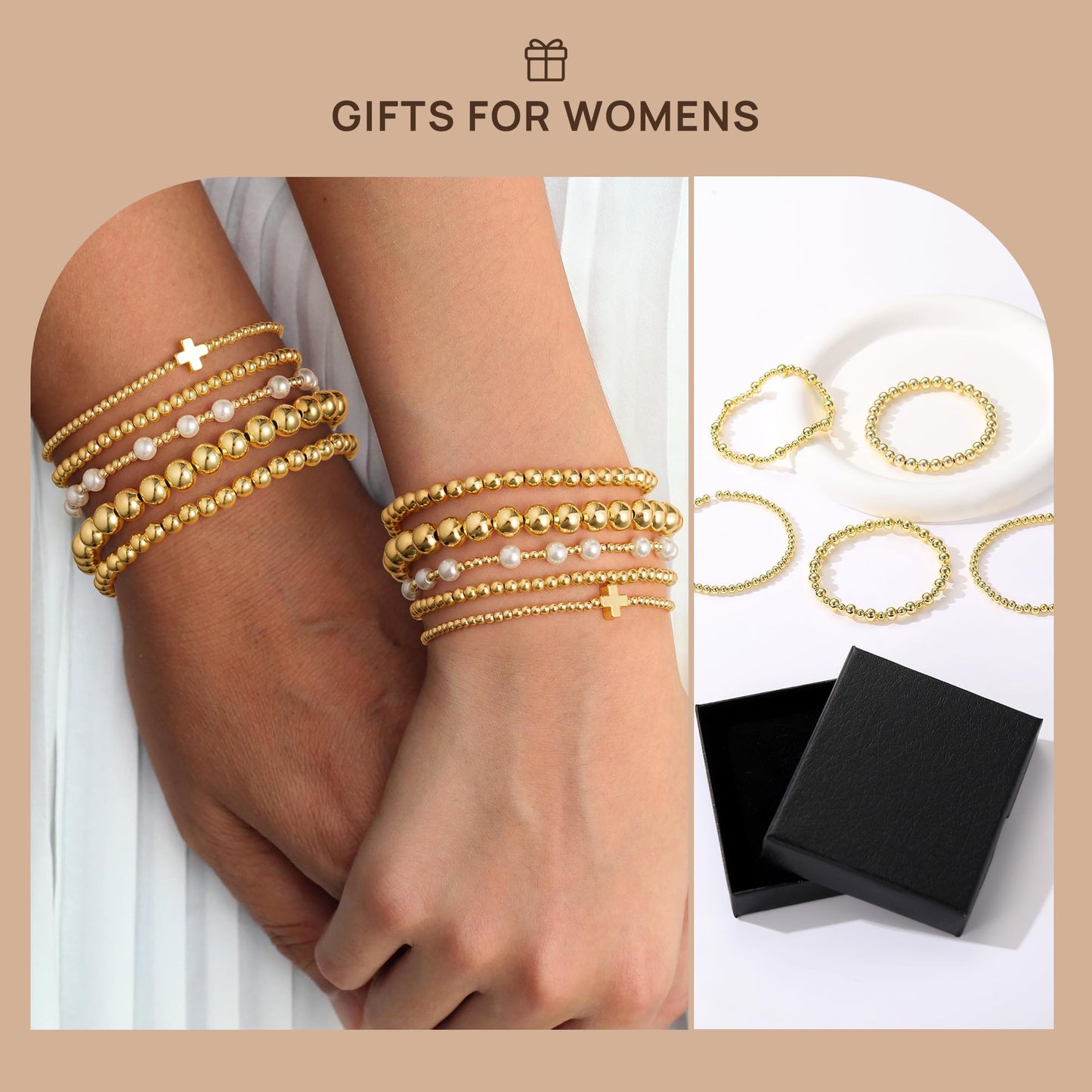 Yoosteel Gold Beaded Bracelets Set for Women - 14k Gold Plated Dainty Tiny Round Beaded Cross Pearl Bracelet Stack for Women Teenage Girl Gifts Stackable Jewelry Gifts 5 PCS