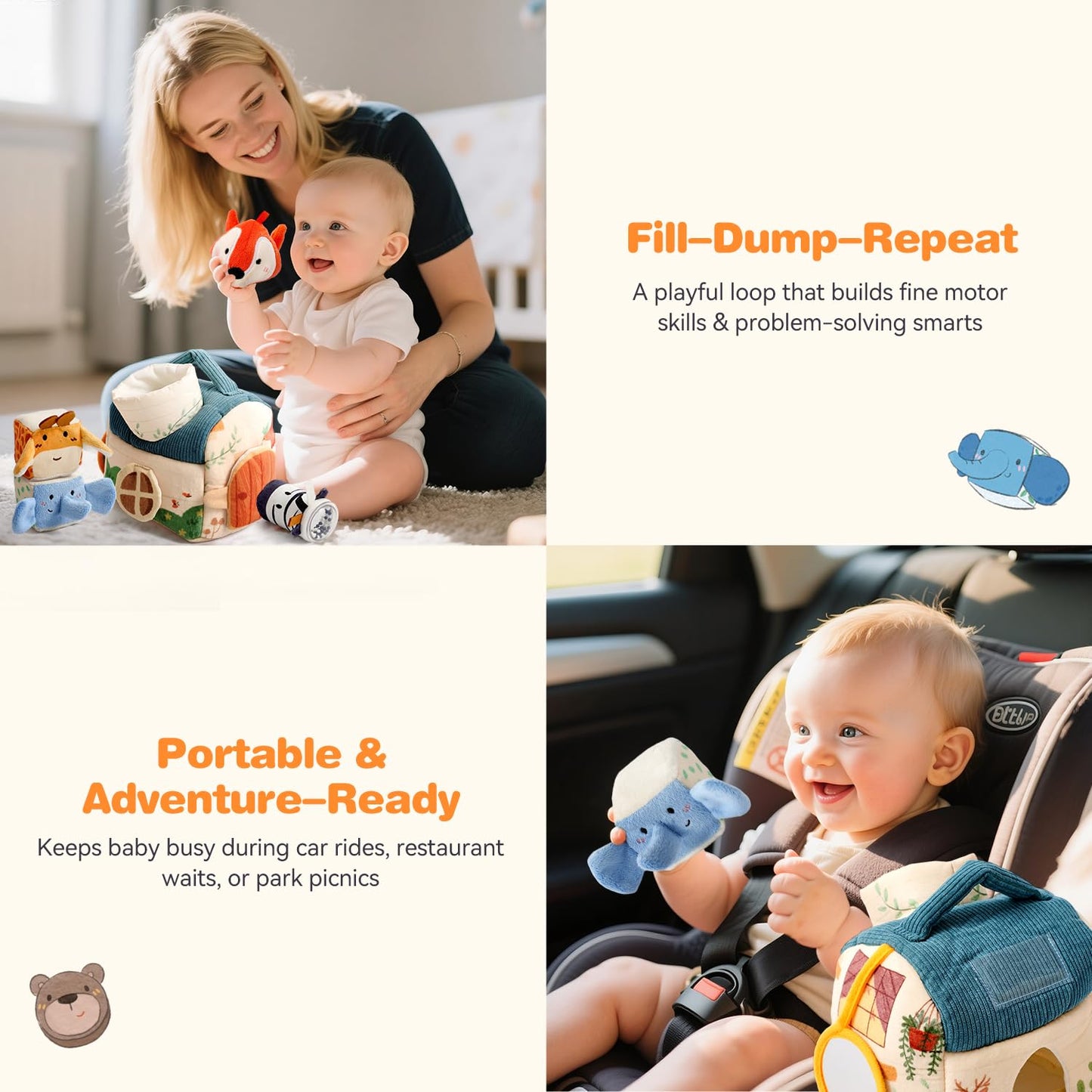 let's make Baby Toys 6-12 Months First Forest Animal Set Soft Barn playset with 5 Stuffed Woodland Animals, Rattle Crinkle Mirror Sensory Montessori Travel Toy Gift for Babies Boy Girl Toddlers 1-3