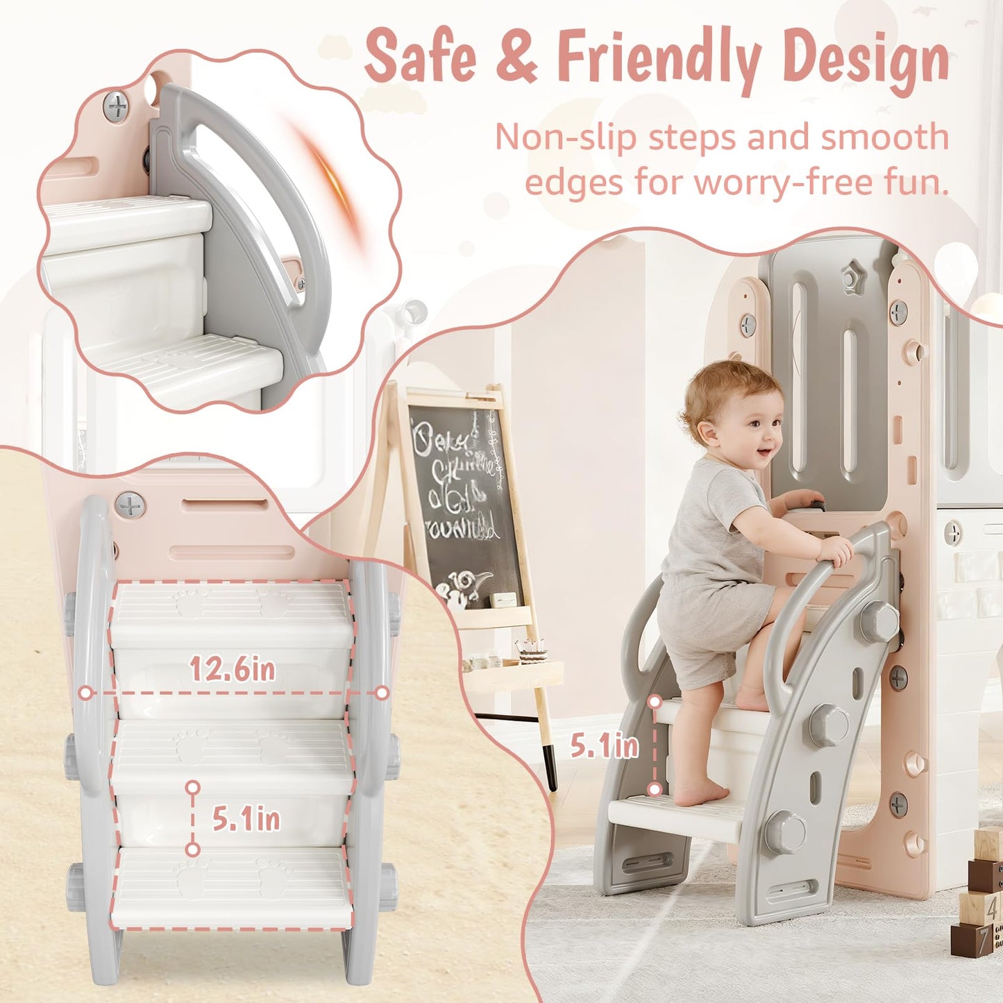 8-in-1 Toddler Slide Set with Climbing Ladder, Tunnel, Telescope & Basketball Hoop, Indoor Outdoor Playground Climber with Drawing Board & Storage, Kids Play Toy for Toddlers Age 1-3,Light Pink