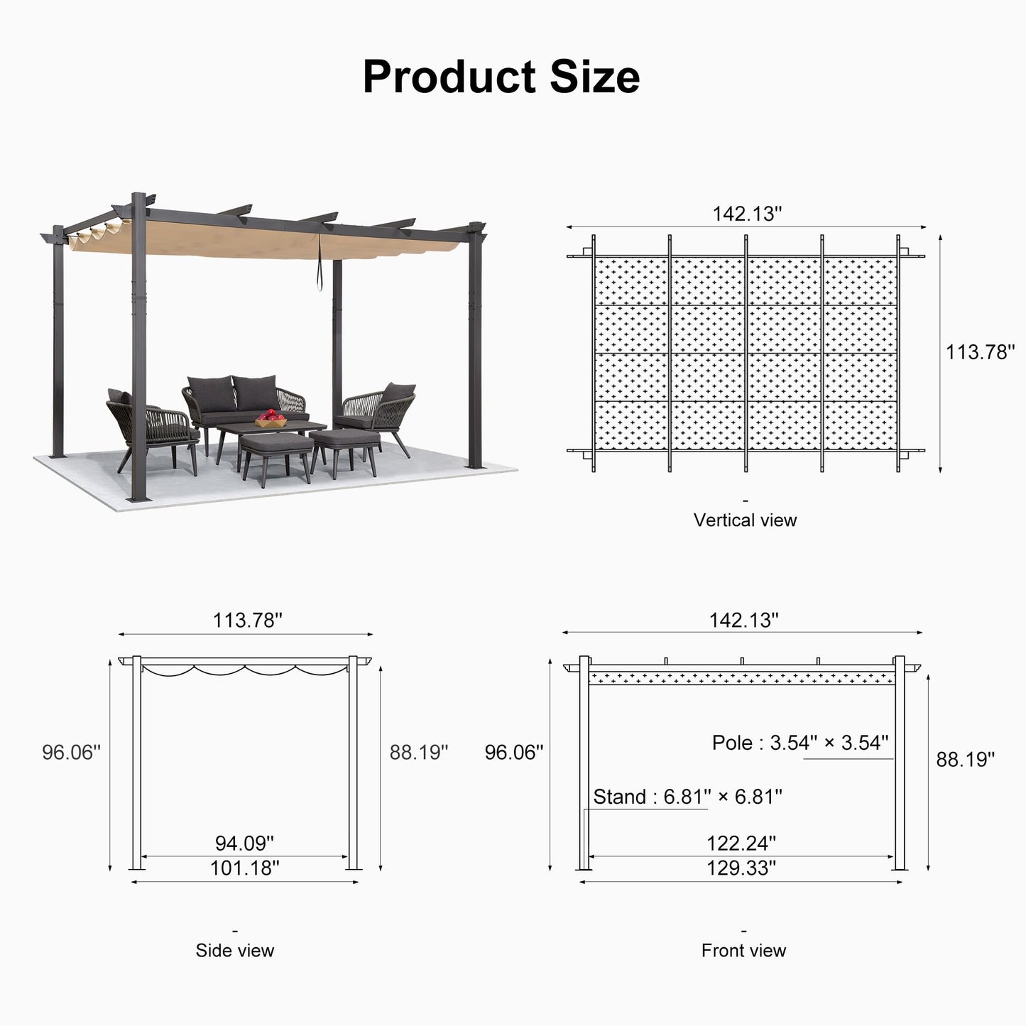 PURPLE LEAF 10' X 12' Outdoor Retractable Pergola with Sun Shade Canopy Patio Metal Shelter for Garden Porch Beach Pavilion Grill Gazebo Modern Yard Grape Trellis Pergola, Beige