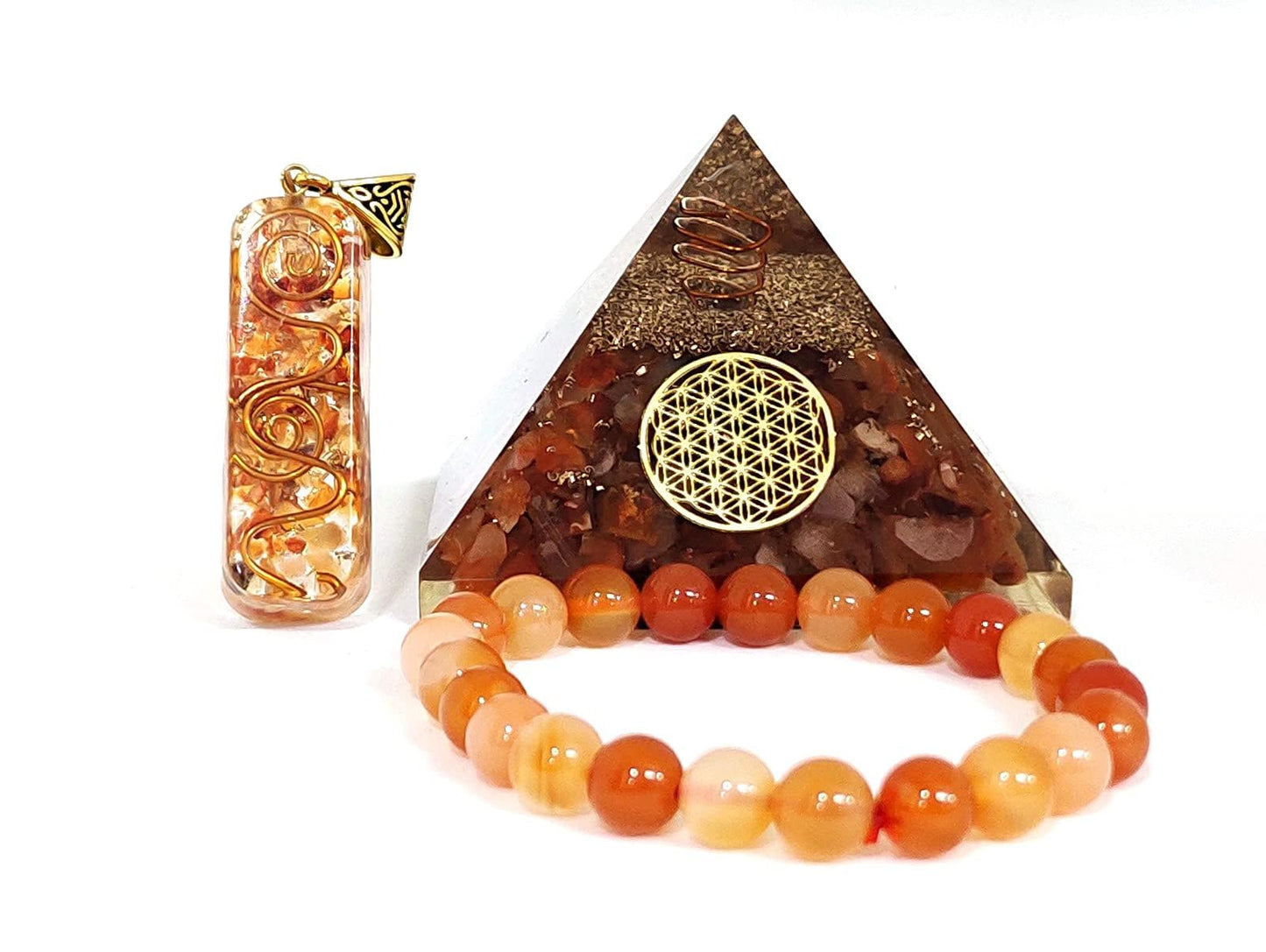 Sawcart Carnelian Crystal Orgone Pyramid with Flower of Life Symbol, Stone Bracelet & Orgone Pendant Necklace Kit for Aura Cleansing, Reiki Spiritual Healing, Energy Generator, Yoga Meditation