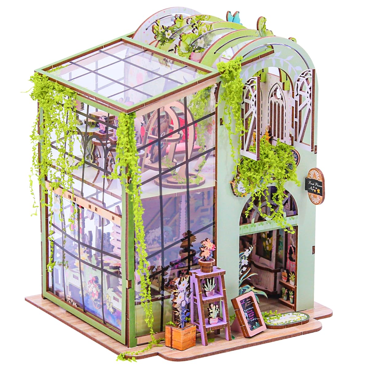 Miniature Flower House Kit - Bookshelf Decor 3D Wooden Puzzle, DIY Flower Dollhouse Booknook Making Kits with Furniture for Adults and Teenagers