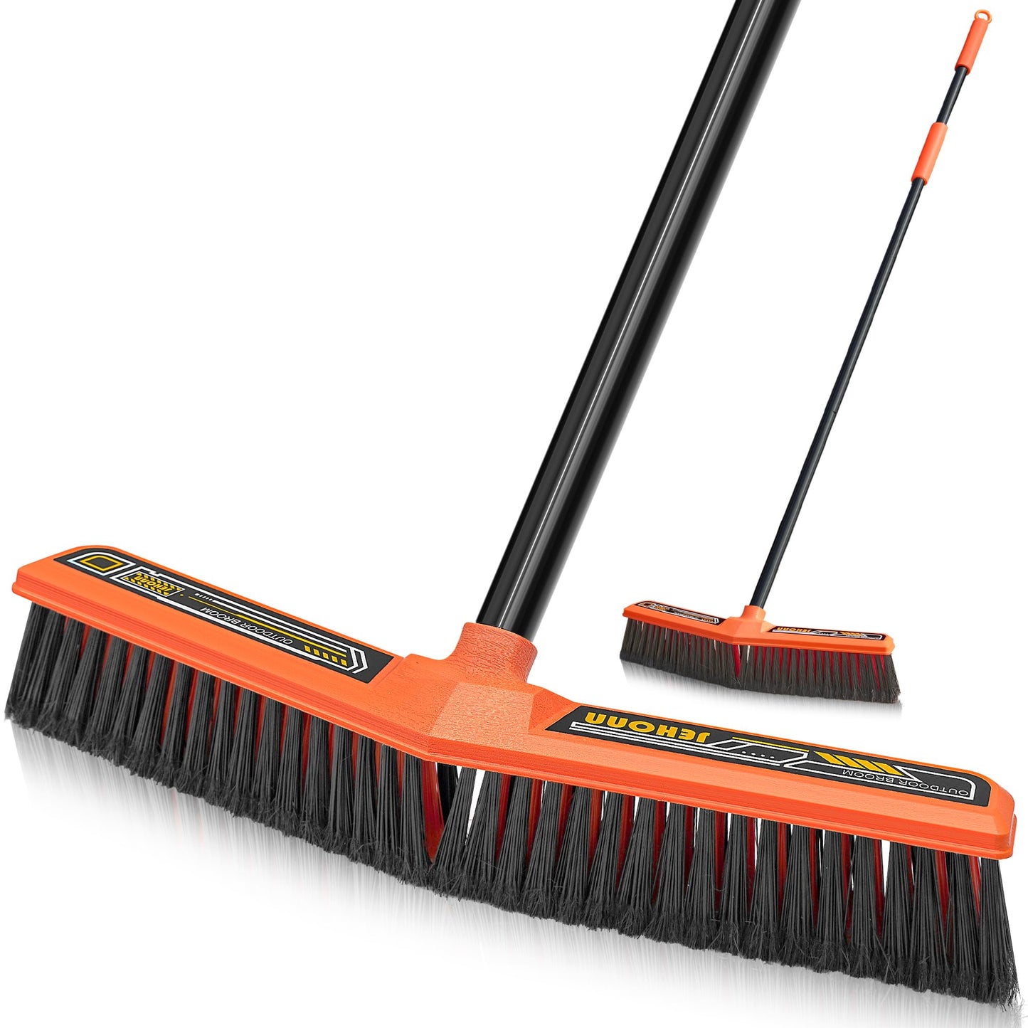 JEHONN Push Broom Outdoor Heavy Duty, 15.7 inches V-Shaped Stiff Bristle Commercial Industrial Brush with 61” Long Handle for Garage Warehouse Shop Garden Patio Driveway Yard Street Deck (Orange)