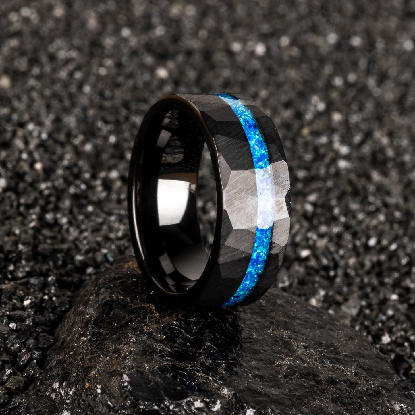 JEWPER 8mm Men Womens Wedding Band Tungsten Rings Black Blue Hammer pattern Fashion Promise Carbide Inlaid Opal Matte Finish Edge Comfort Fit Size(13)