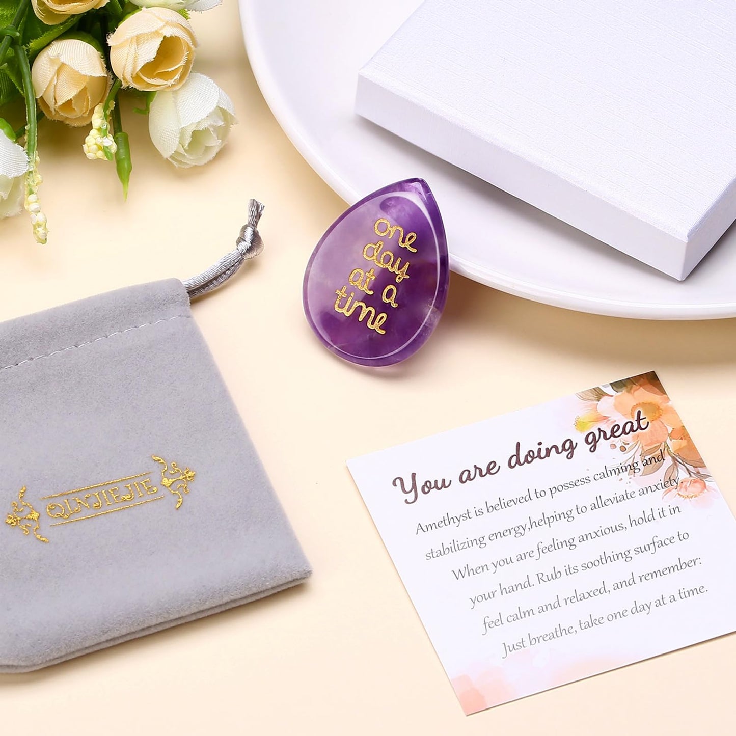 QINJIEJIE One Day at A Time Gifts Amethyst Healing Crystals Worry Stones for Anxiety Relief Items You Got This Inspirational Thinking of You Gifts for Women Men Encouragement Gifts for Best Friends