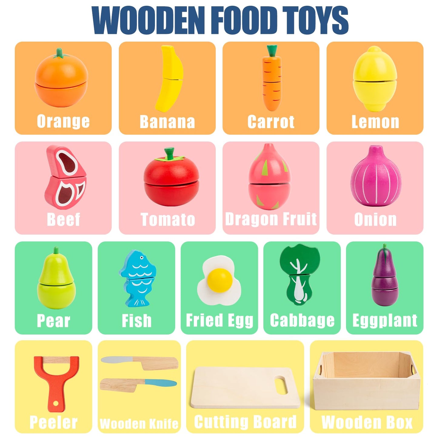 32 Pcs Wooden Play Food Sets for Kids Kitchen Accessories, Montessori Educational Toys Food, Pretend Play Food for Toddlers, Velcro Fruits and Vegetables Cutting Set for Kids Boys Girls
