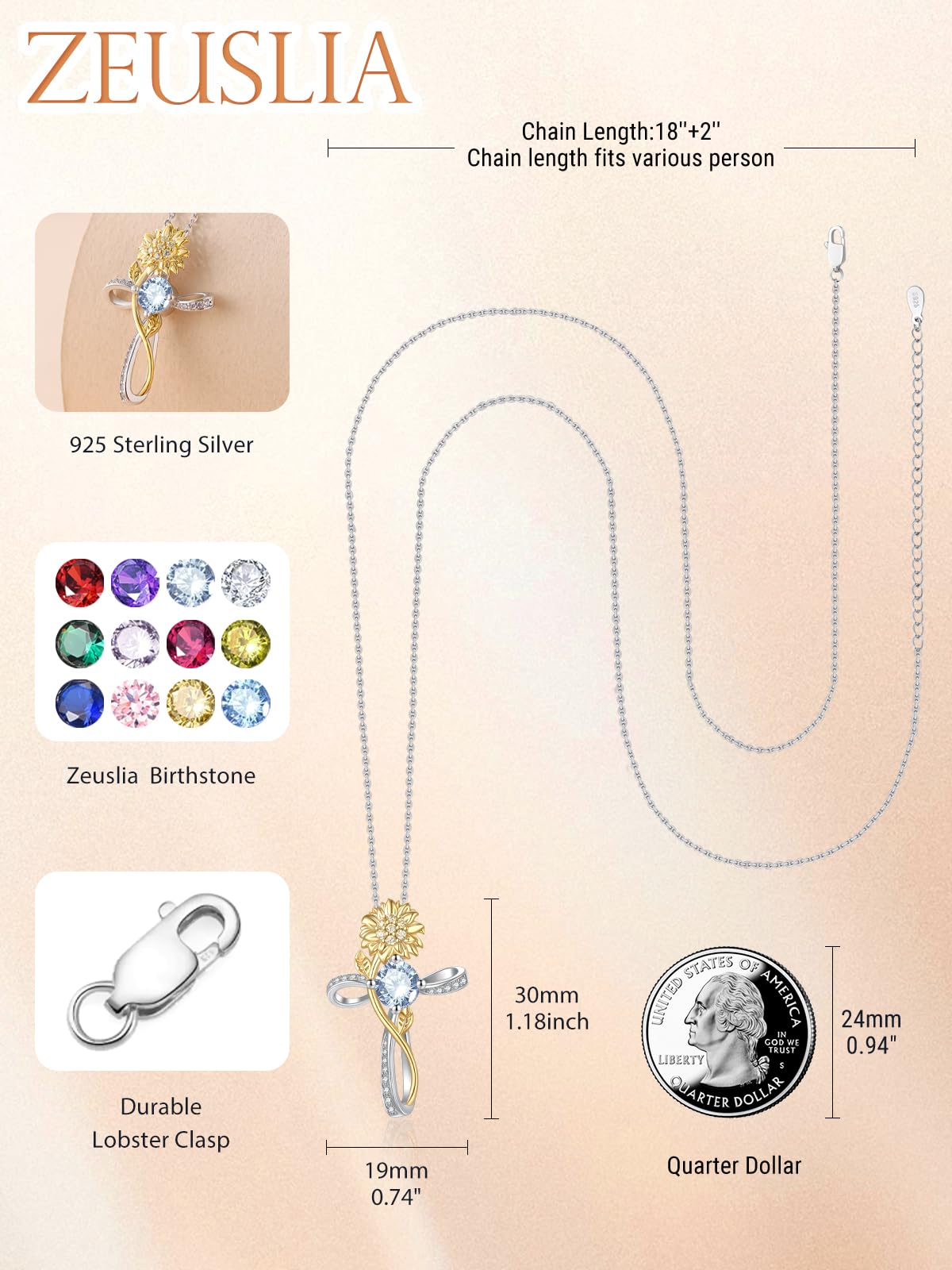 Cross Necklace for Women Sterling Silver Cross Pendant Jewelry with Sunflower Aquamarine March Birthstone Necklace Christian Religious Baptism First Communion Confirmation Birthday Gifts for Women