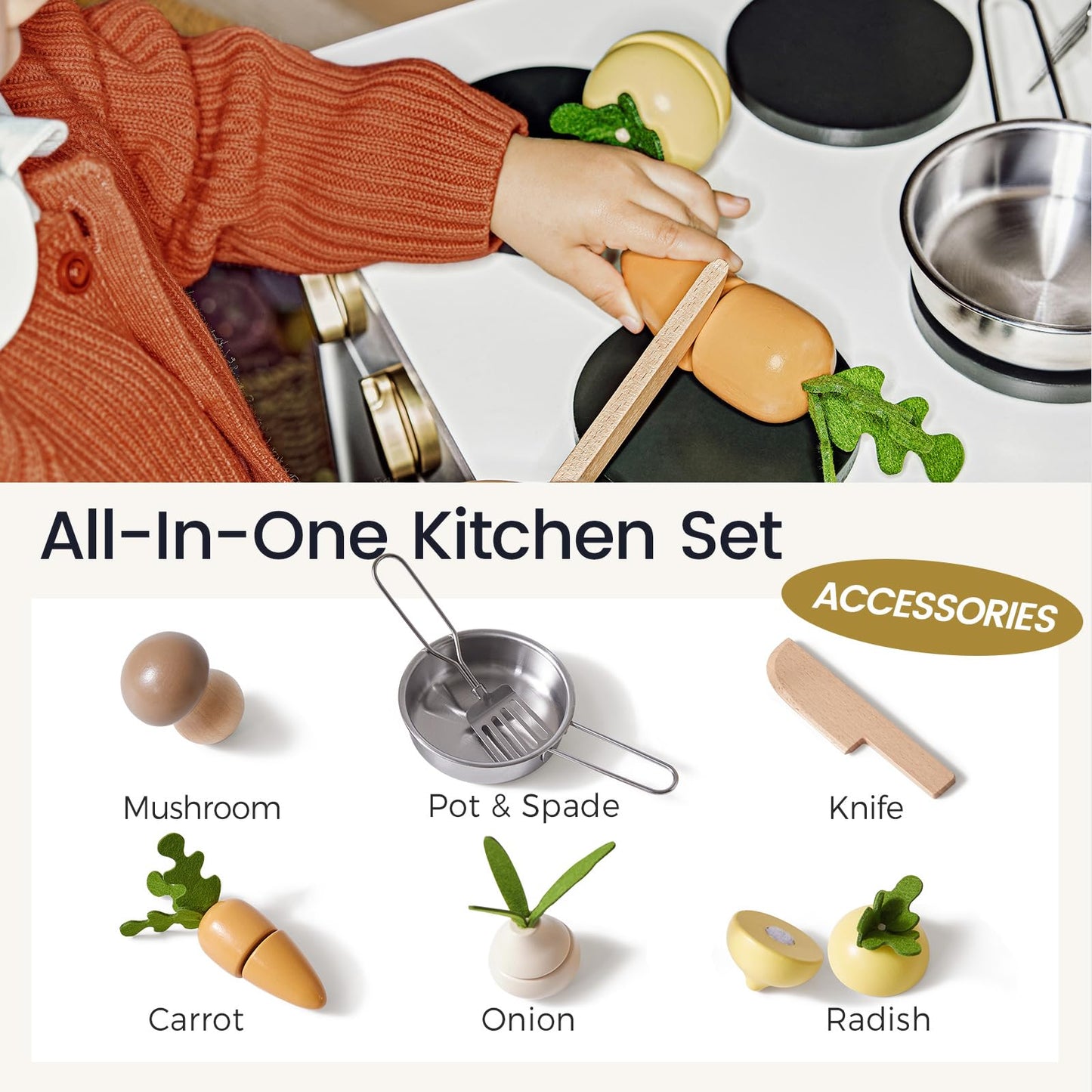 Tiny Land Toddler Kitchen Playset, Wooden Play Kitchen Set Toy with Cutting Food & Cookware, Oven, Clicking Knobs, Stove and Sink, Small Toy Kitchen Gift for 1-3 Year Old Kids, Girls & Boys - Cream