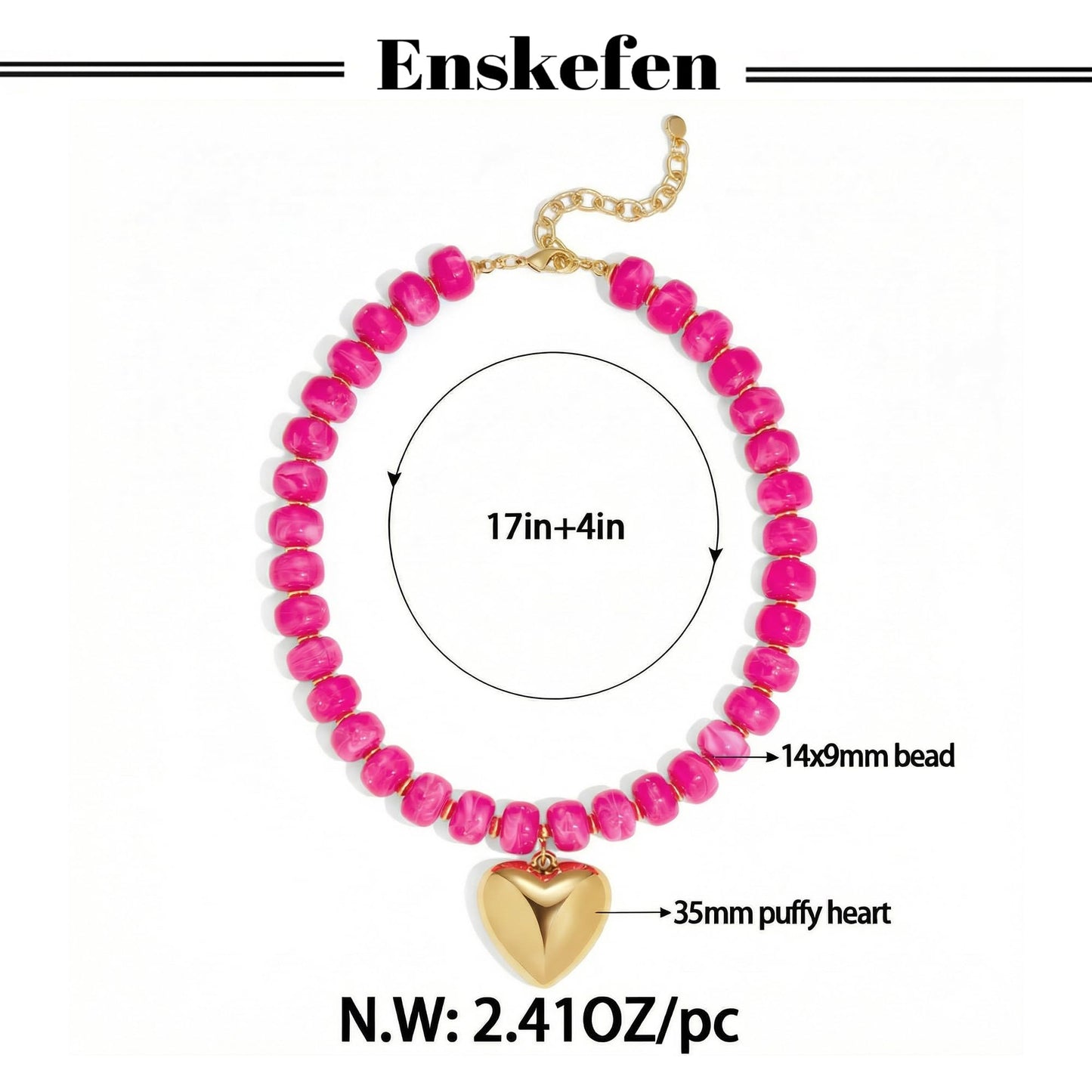 ENSKEFEN Chunky Necklaces for Women Rose Red Resin Beaded Choker Necklace Big Gold Puffy Heart Pendant Necklace Trendy Statement Necklace Jewelry