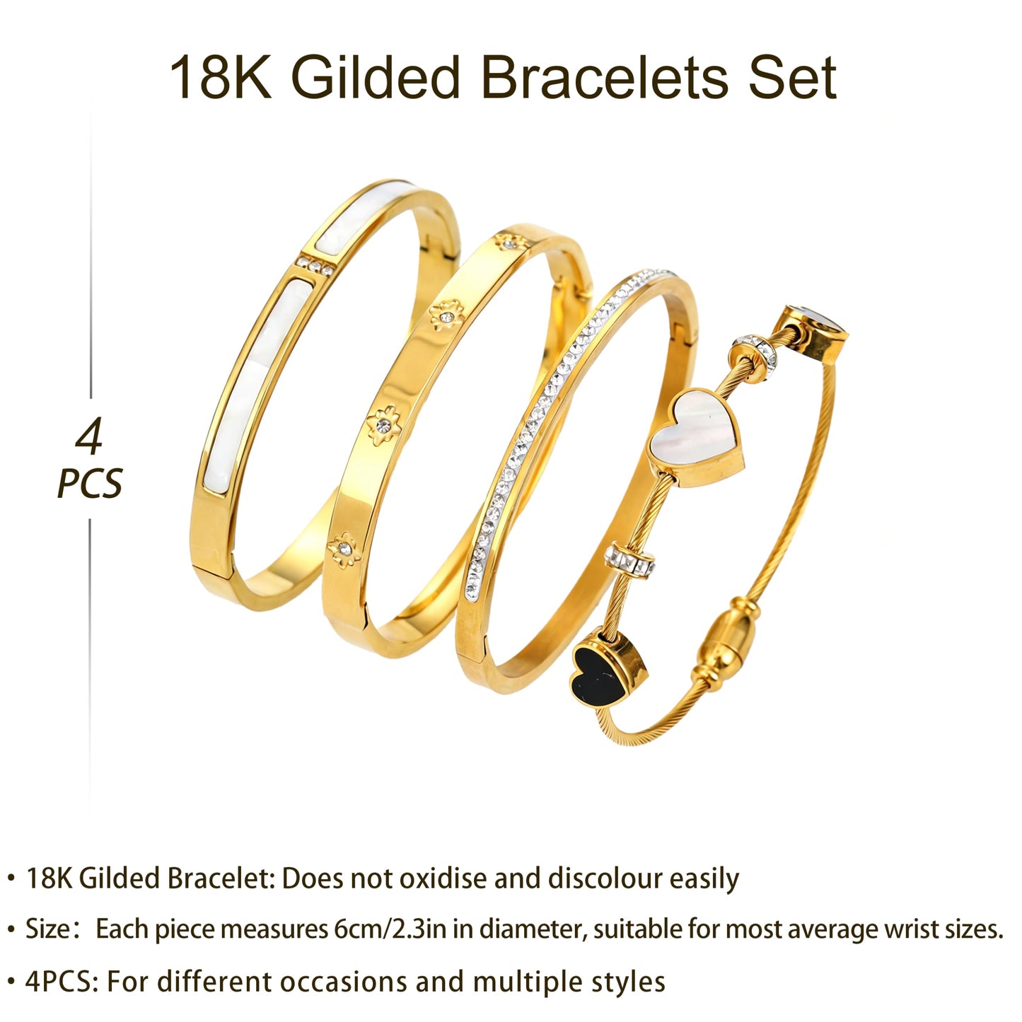 Women's 18K Gold Plated Stainless Steel Bracelet Set (6cm/2.3inch) - Waterproof Delicate Stackable Bangle Set with Mother of Pearl, Heart Design & Cubic Zirconia for Women Jewelry Gifts (4pcs Bracelet Set A)