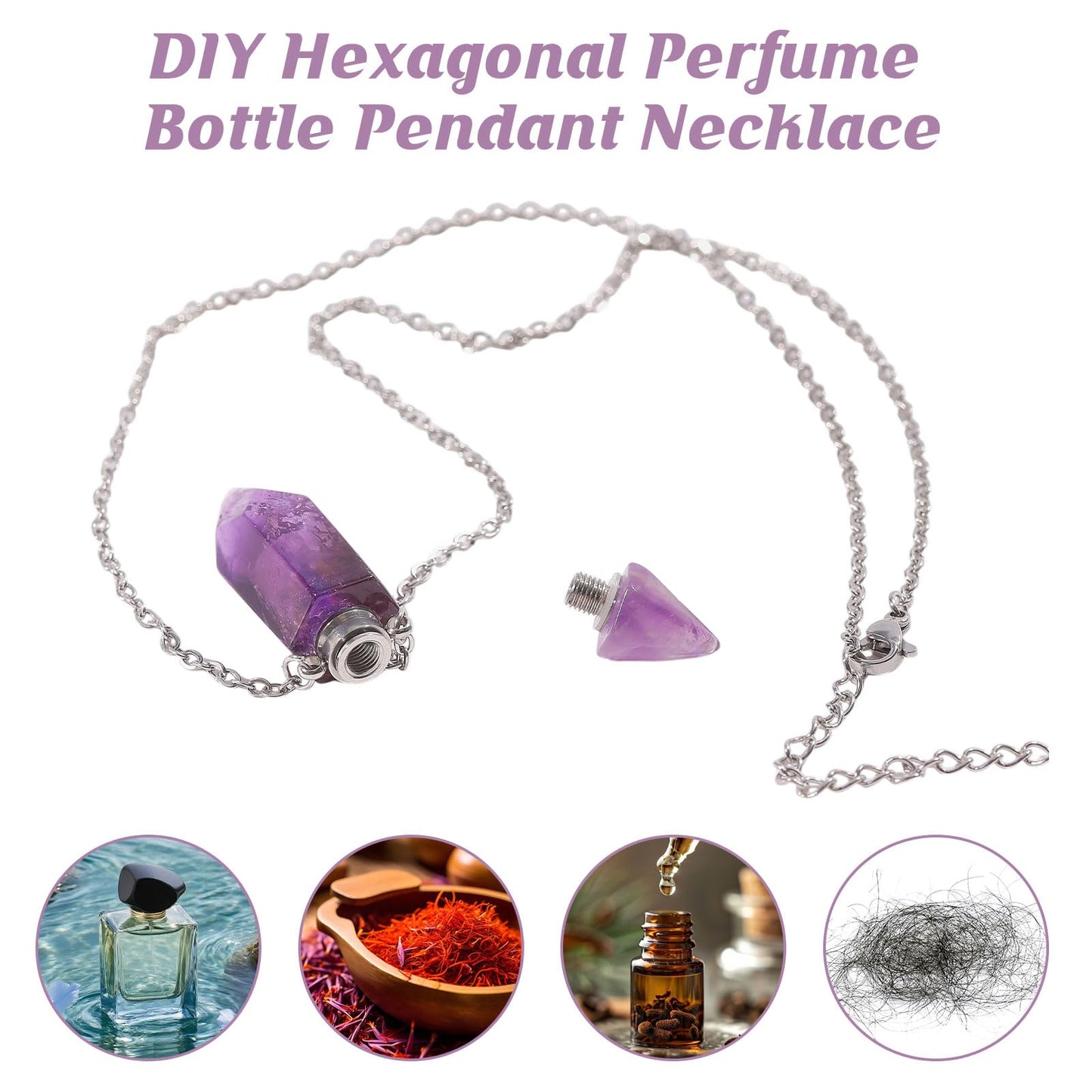 CONCHLERY Perfume Bottle Necklace Natural Stone Essential Oil Diffuser Perfume Bottle Pendant with Alloy Chain for Womens Vial Pendant Necklace Jewelry Unique Gift, Purple