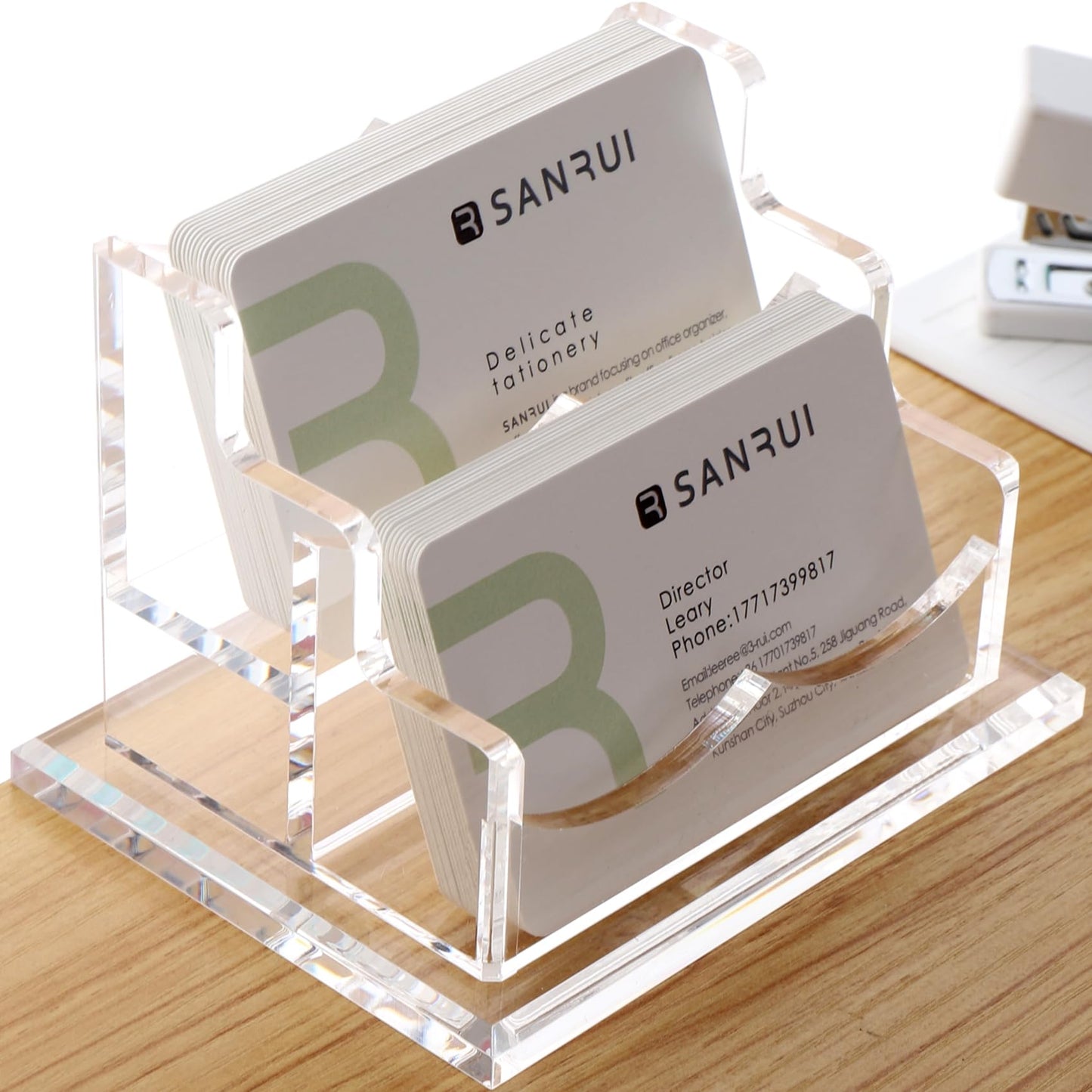 SANRUI Business Card Holder for Desk, Clear Acrylic Business Card Holders Horizontal Business Card Display Stand 2 Slots（Patent No.:US D1,001,889 S）