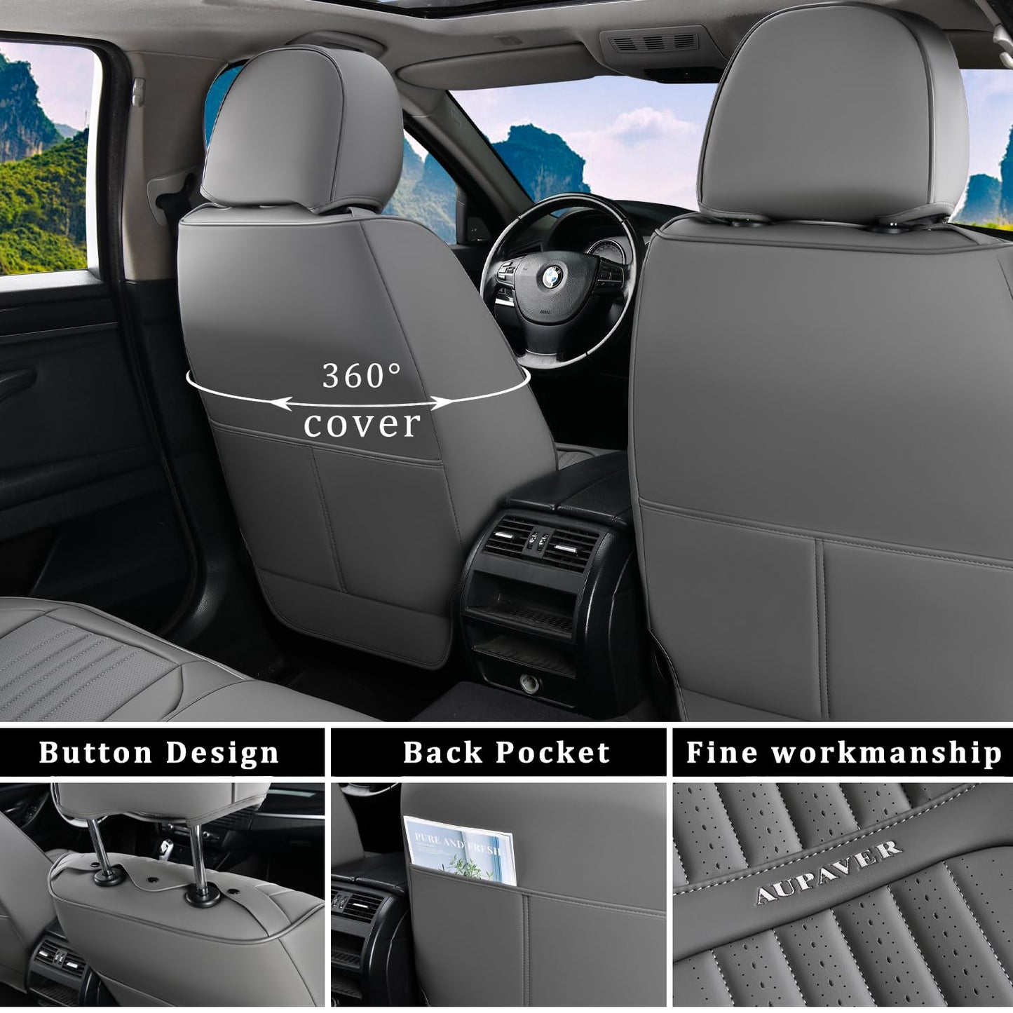 Aupaver Seat Covers, Waterproof Car Seat Cover for Cars 5 Seats, Universal Leather Seat Covers, Front & Rear Automotive Seat Covers Car Seat Cushion, Leatherette Seat Protector for Most Cars, Gray