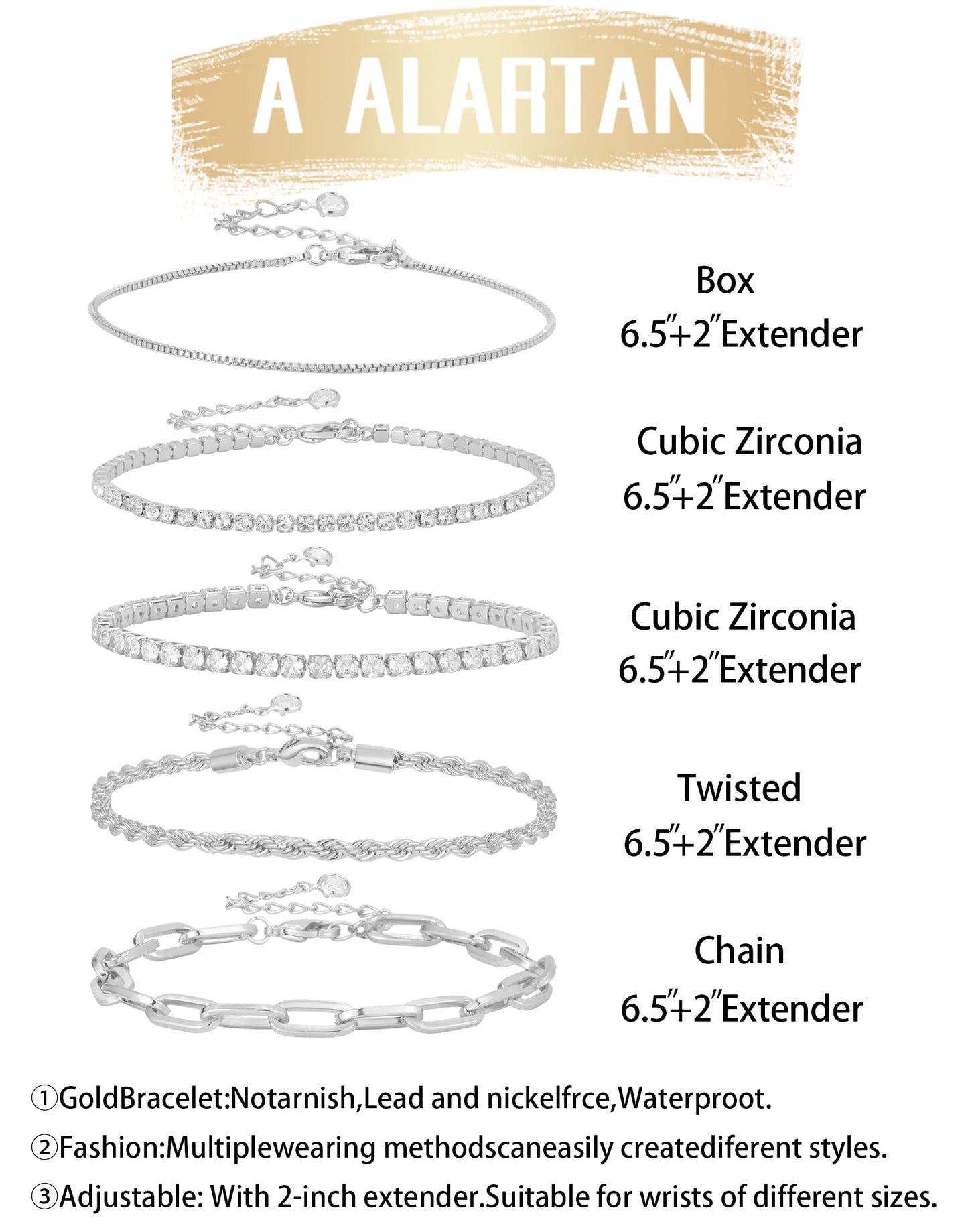 Gold Bracelets for Women 14K Gold Plated Stack Trend Bracelets Charm Paperclip Chain Cuban Link Layered Waterproof Bracelet Dainty Bracelet for Women Jewelry Gifts (Silver 5Pcs)