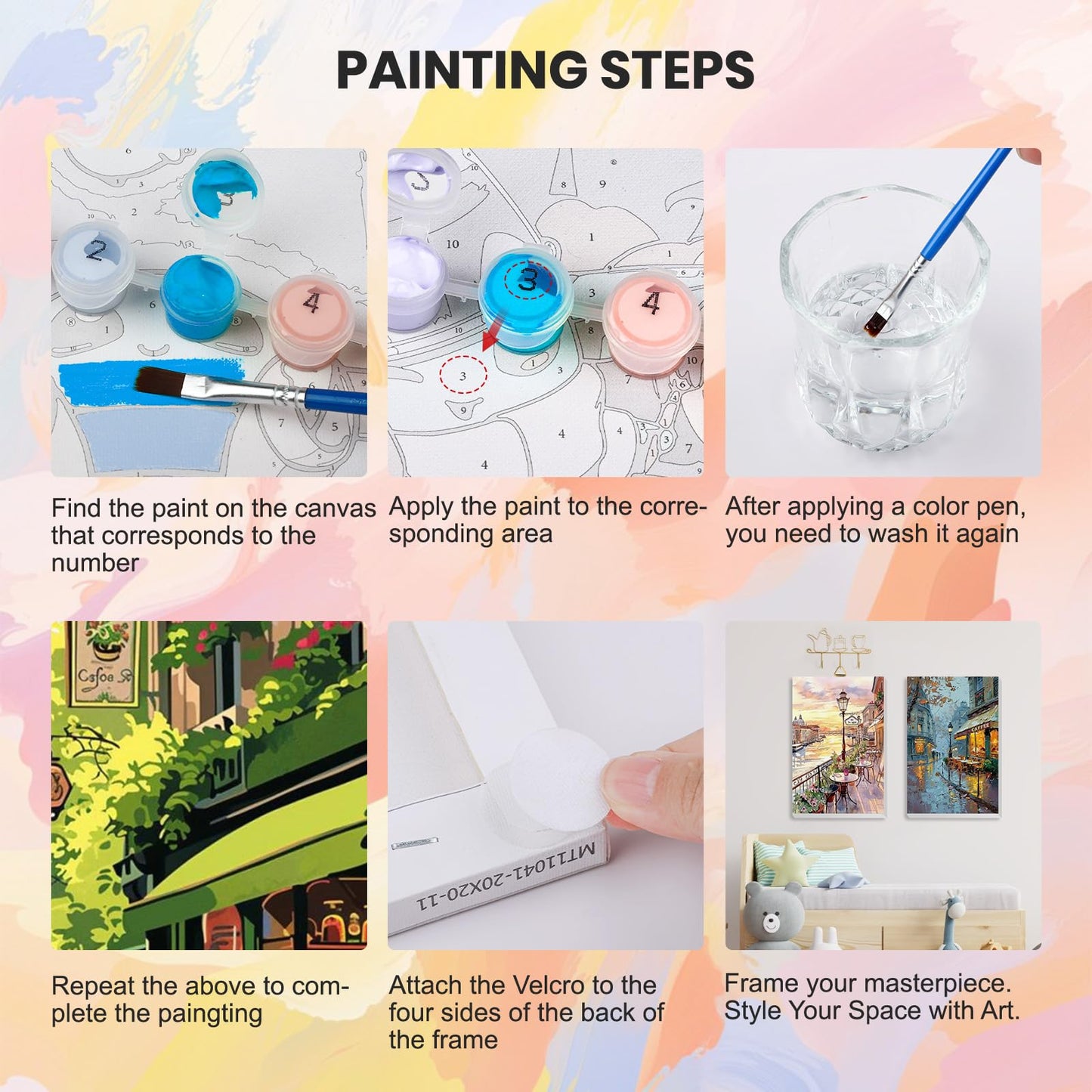 HEIBAGO 4 Pack Framed Paint by Numbers Kit for Adults Beginner, Adult Paint by Number Kits Street Cafe, DIY Paint by Numbers for Adults,Small Easy Acrylic Oil Painting for Wall Decor 8x12 Inch