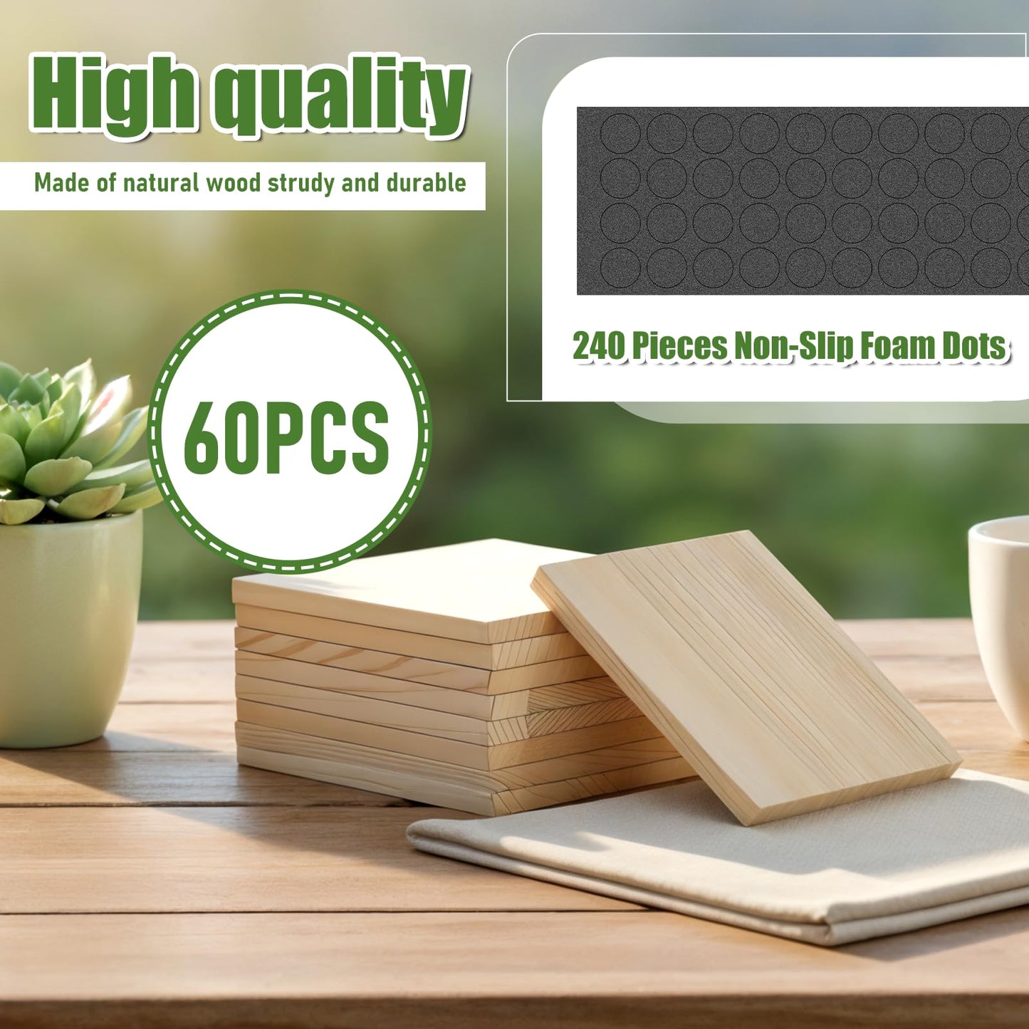 SHENLIU 60 PCS Unfinished Square Wood Coasters, 4 Inch Blank Wooden Craft Coasters with 240 Non-Slip Foam Pad Stickers for DIY Stained Painting Wood Engraving Home Decoration