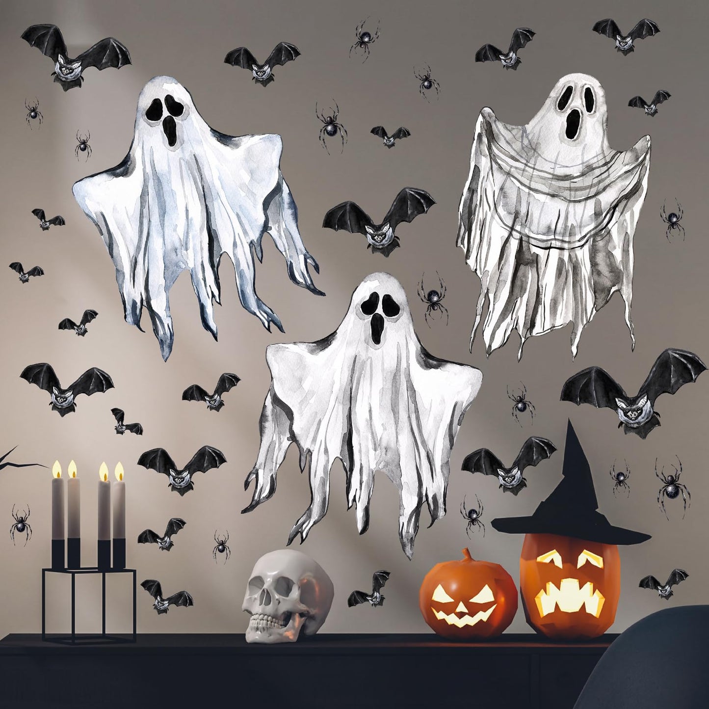 Halloween Wall Decoration Stickers Large Bats Ghost Wall Decals Decoration Peel and Stick Halloween Party Indoor Decor Supplies Happy Halloweens Vinyl Decals for Haunted House Window Winter Hoilday