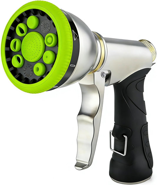 Garden Hose Nozzles 9 Adjustable Patterns Hose Spray Nozzle Heavy Duty Metal Hose Nozzle Spray Slip Resistant Water Sprayer for Cleaning/Watering Lawn Garden/Pets Shower/Car Washing (Green)