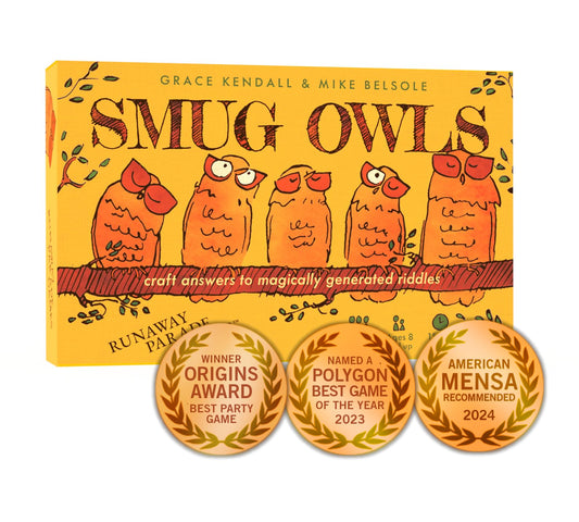 Runaway Parade Games Smug Owls Card Game - an Award-Winning Hilarious & Creative Riddle-Solving Party Game for Kids and Adults | Fun for The Whole Family | 8+ | 15-20 min | 3-15 Players