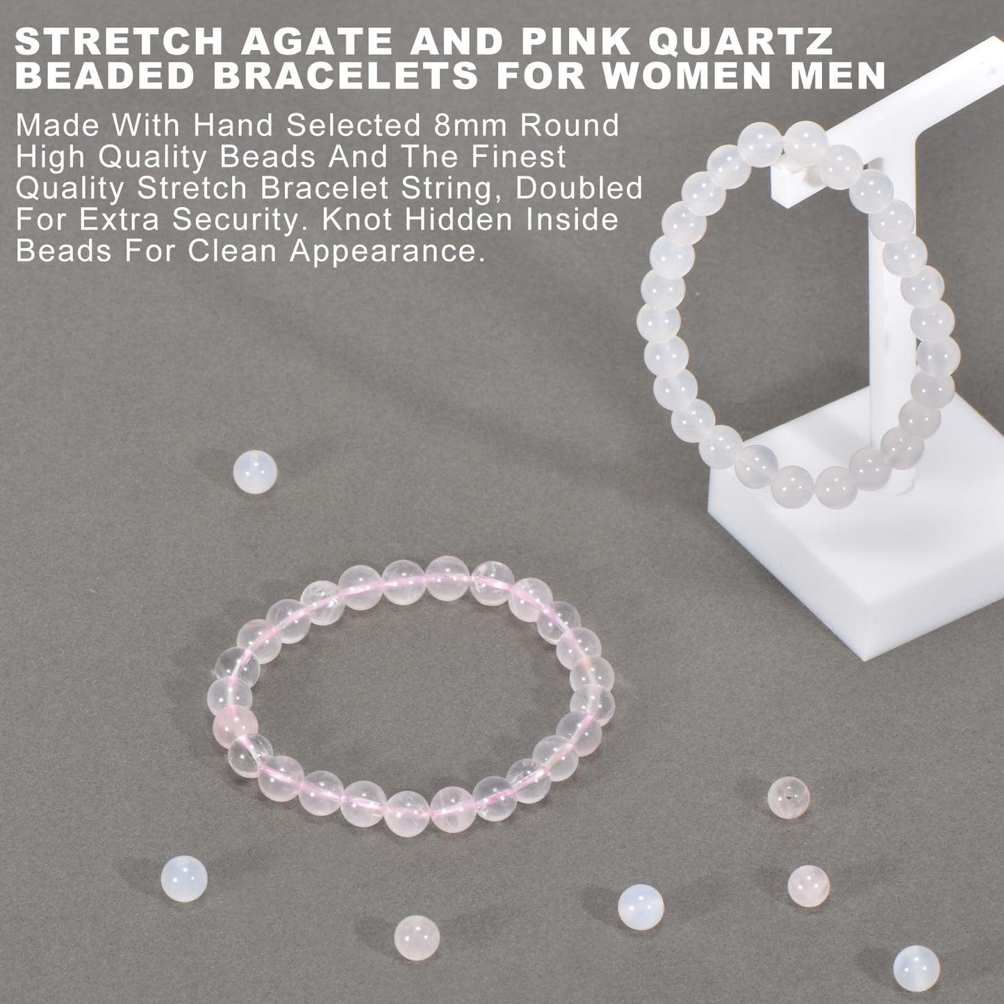 Aluckiss 8mm 2PCS Agate Bracelet for Women Men Natural Round Beaded Agates Stone Healing Stretch Bracelets Elastic Handmade Polished Gemstone Beads Bracelet White+Pink Quartz 2 Colors