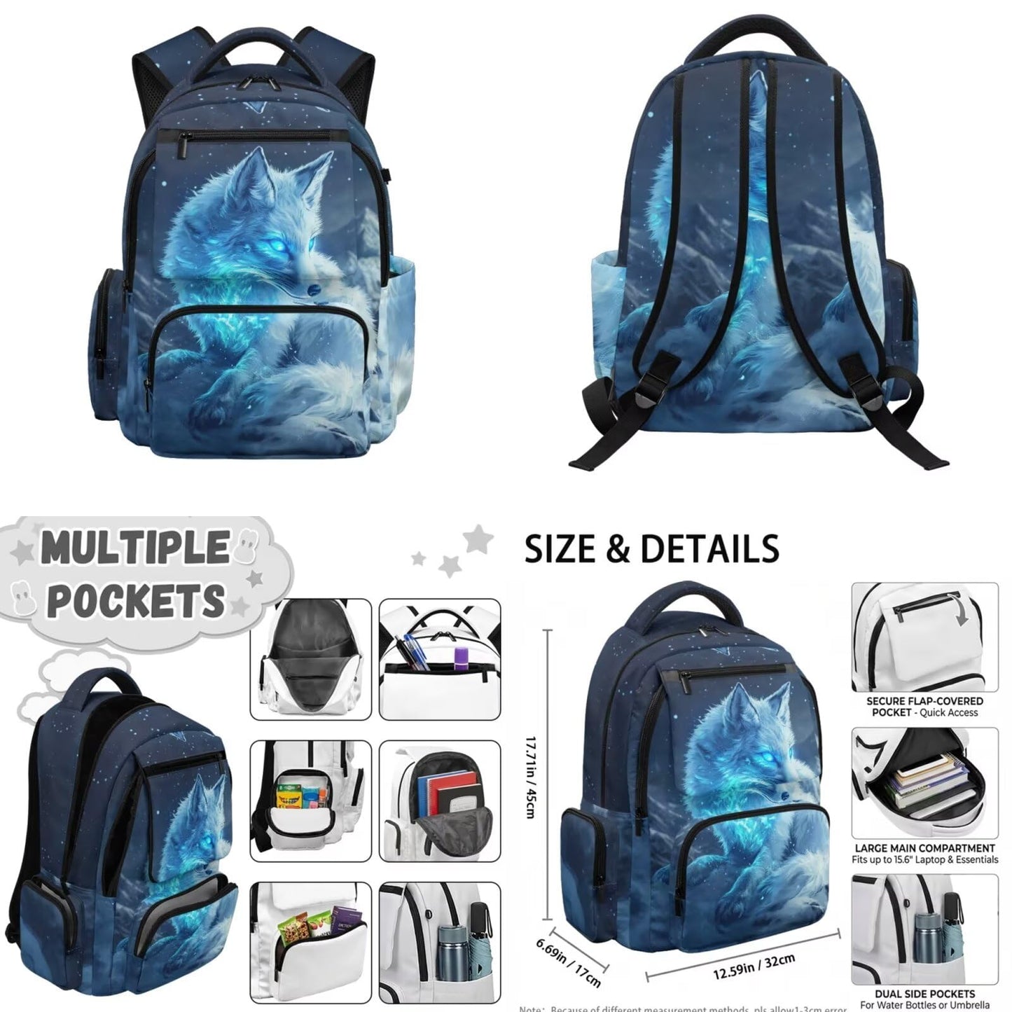 Noteligou Foxes Backpack for School Teens Girls Bookbag with Lunch Box Pencil Case and Water Bottle Sleeve 4-in-1 Aesthetic Girl School Backpack with Side Pockets 17 inch Students Shoulder Bag
