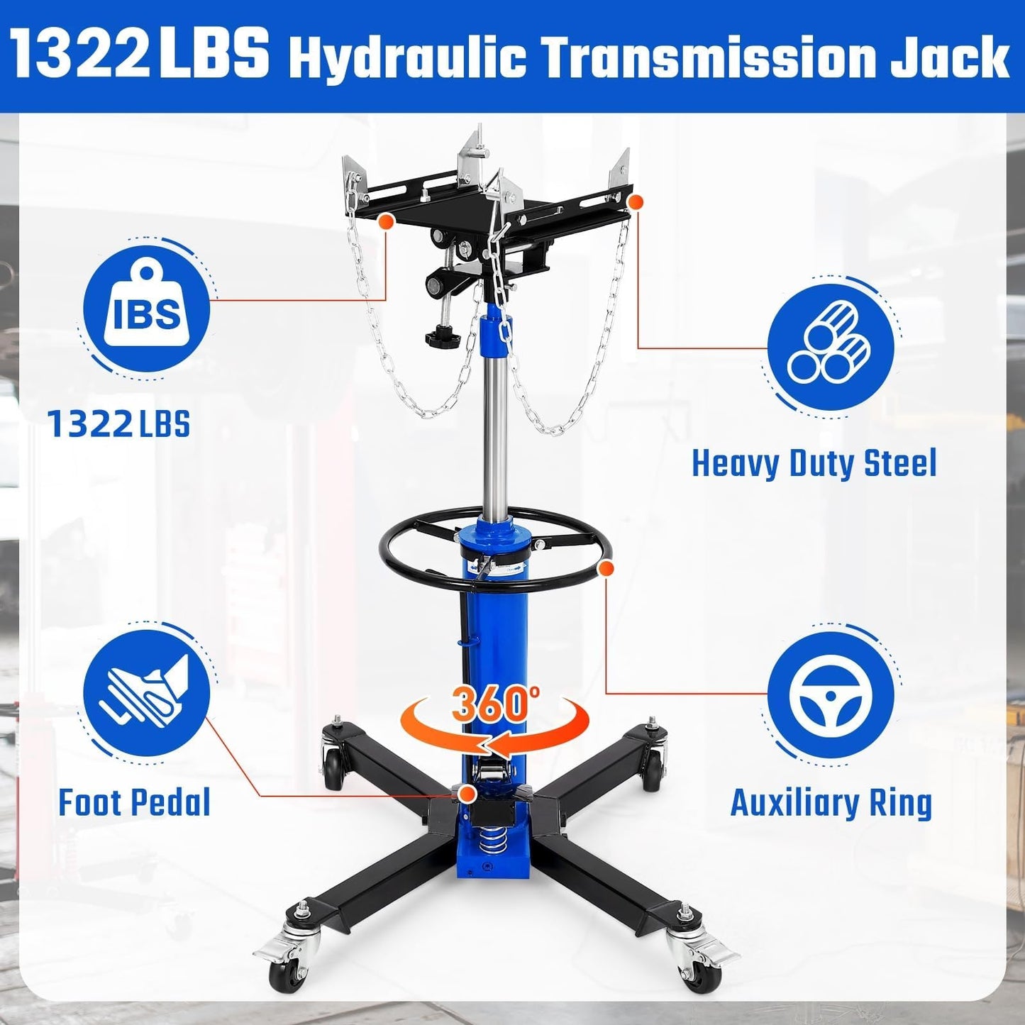 Transmission Jack, 1322 LBS/0.6 Ton Heavy Duty Hydraulic Telescoping Stand, 34"-68" High Lift Transmission Jack Stand, Foot Pedal, 360° Swivel Wheels, for Garage & Shop, Blue