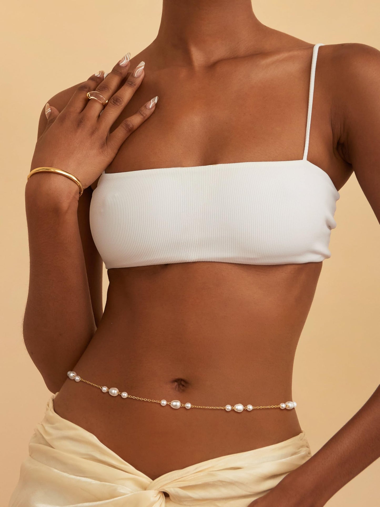 Risamil 14K Gold Plated Waist Chain for Women, Layered Pearl Belly Belt Chains Beach Waist Beads Waterproof Body Chain Gold Jewelry for Women Gifts Fashion Accessories