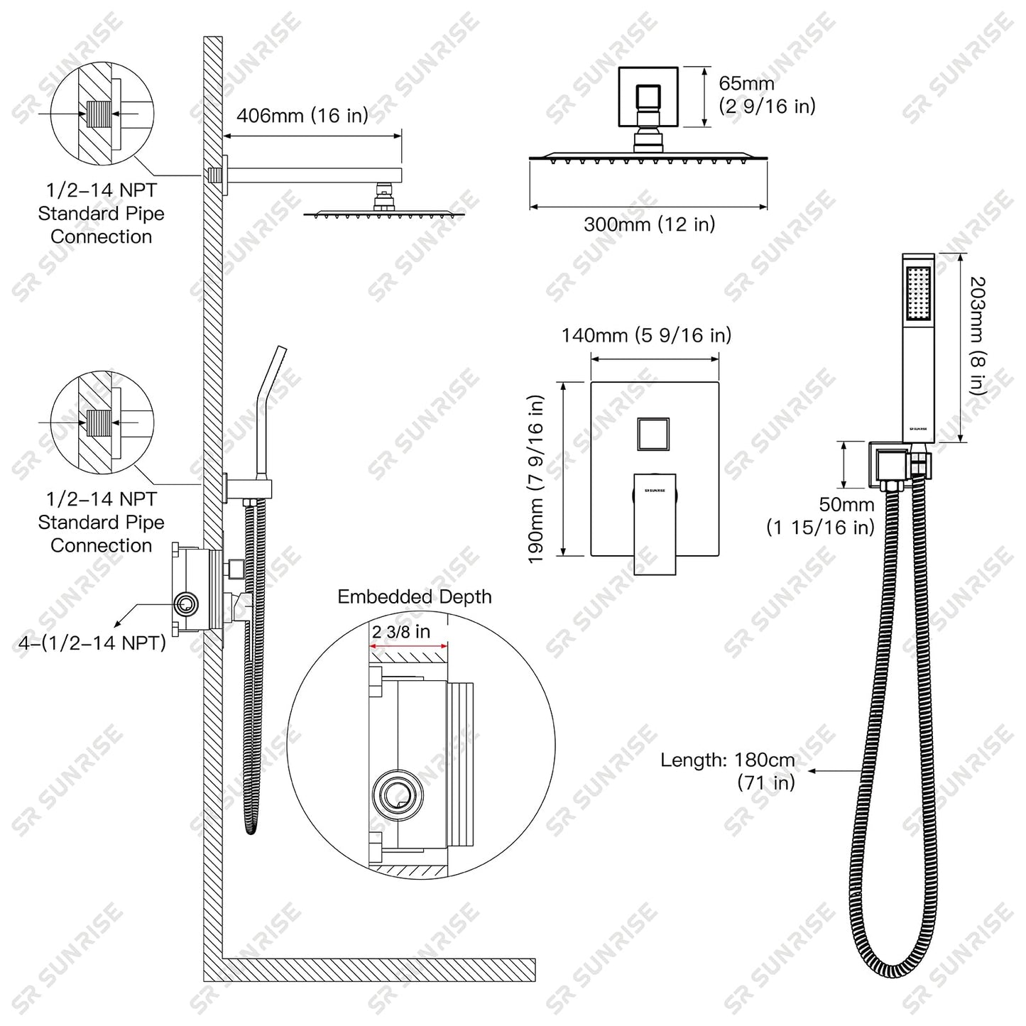 SR SUN RISE 12 Inches Matte Black Shower System 12 Inch Brass Bathroom Luxury Rain Mixer Shower Combo Set Wall Mounted Rainfall Shower Head System Shower Faucet Rough-in Valve Body and Trim Included
