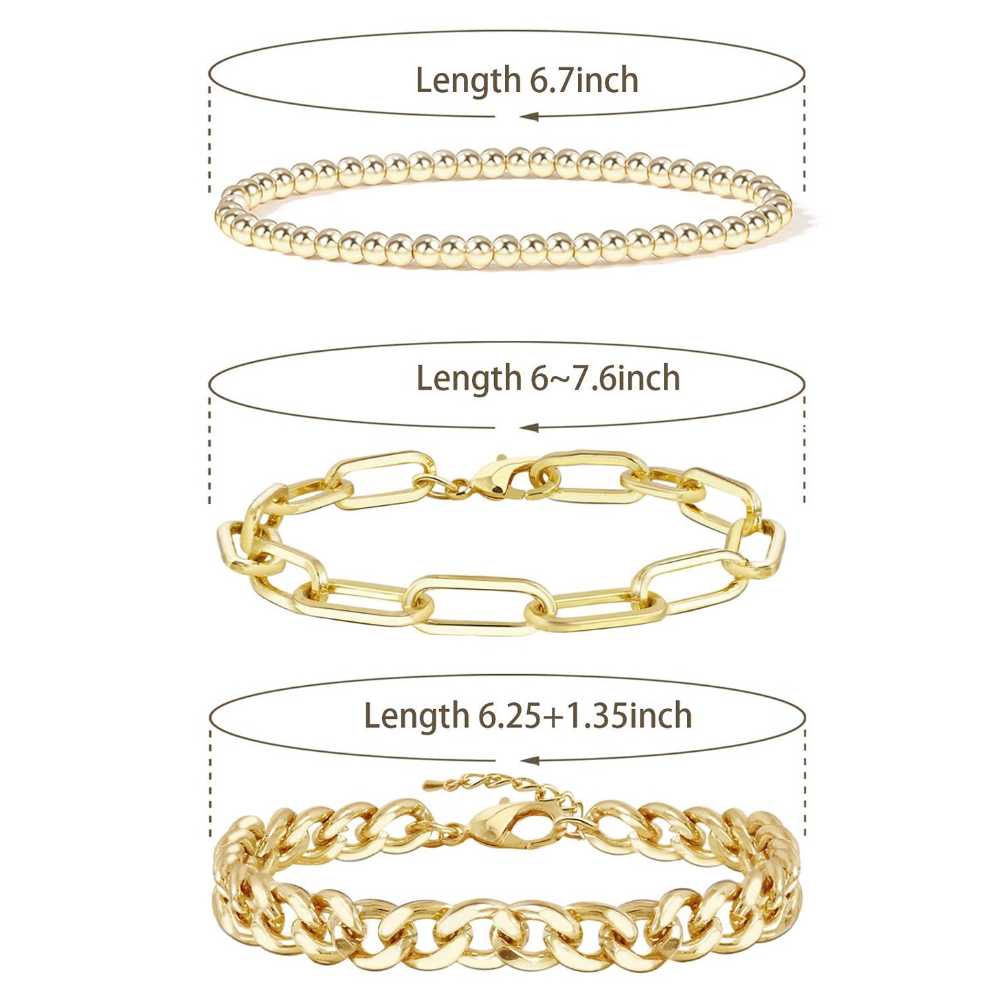 CONRAN KREMIX Gold Chain Bracelet Sets for Women 14K Gold Plated Dainty Link Paperclip Bracelets Stake Adjustable Layered Gold Bracelet for Women Trendy Gold Jewelry