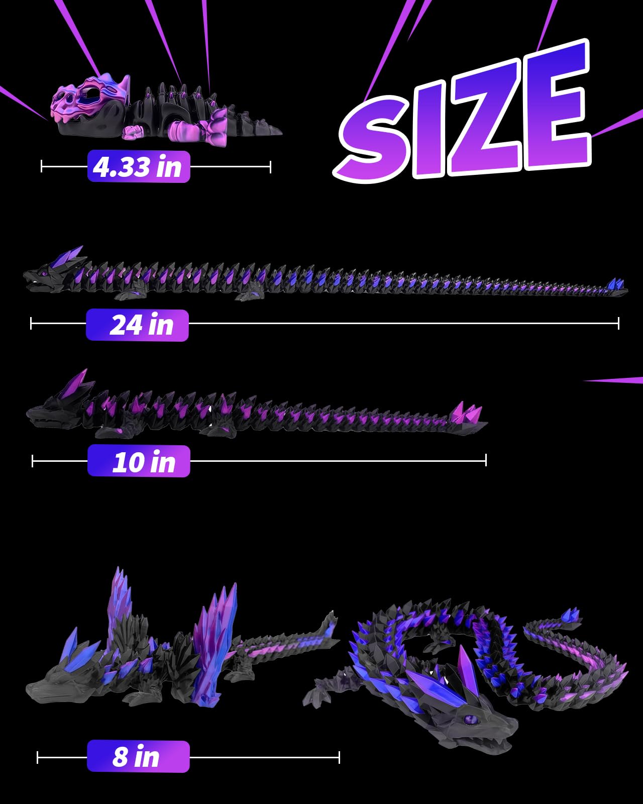 TJYZGXQ 4 Pcs 24in 3D Printed Dragon，Large Fidget Toy，Flying Dragon，Dinosaur，Cool Large Crystal 3D Printed Animals，Desk Toy，6-8 8-12 Gifts for Boys，Teen，Girl，Adult Gift Easter Basket Stuffers
