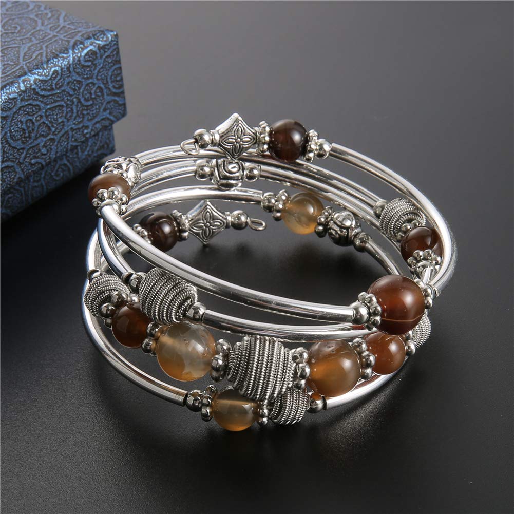 PEARL&CLUB Beaded Chakra Bangle Turquoise Bracelet - Fashion Jewelry Wrap Bracelet with Thick Silver Metal and Mala Beads, Birthday Gifts For Women(Brown)