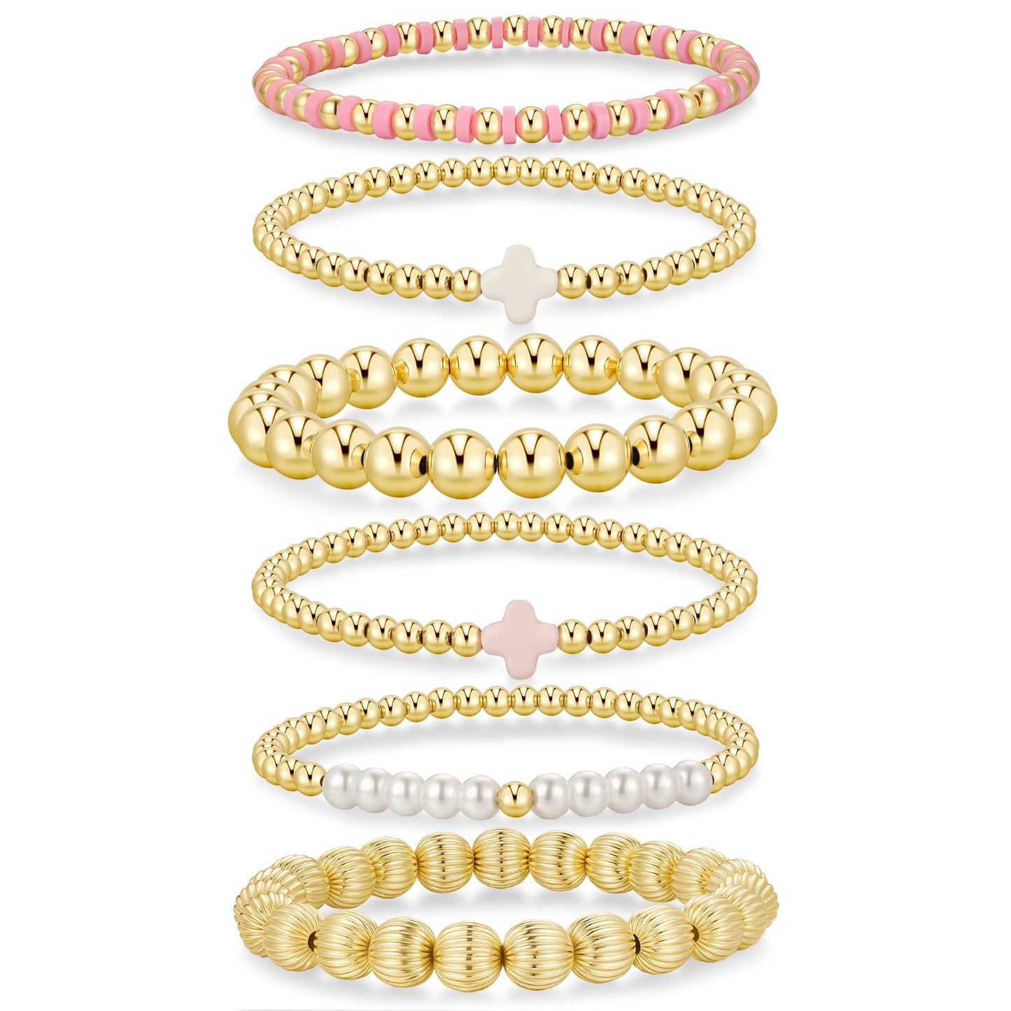 Yoosteel Gold Beaded Bracelets Set for Women Teen Girls - 14k Gold-Plated Dainty Beaded Cross Pearl Bracelet for Women Teenage Girl Gifts Stackable Jewelry Gifts 6 Pcs