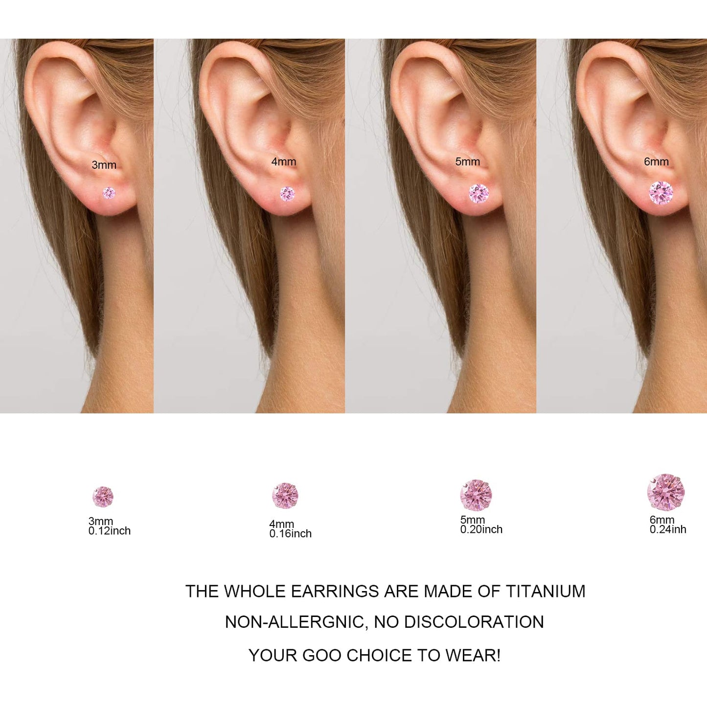 1 Pair Implant Grade Titanium Stud Earrings Set Hypoallergenic 3mm 4mm 5mm 6mm Cubic Zirconia G23 Titanium Earring Studs for Women Men for Sensitive Ear (5mm pink)