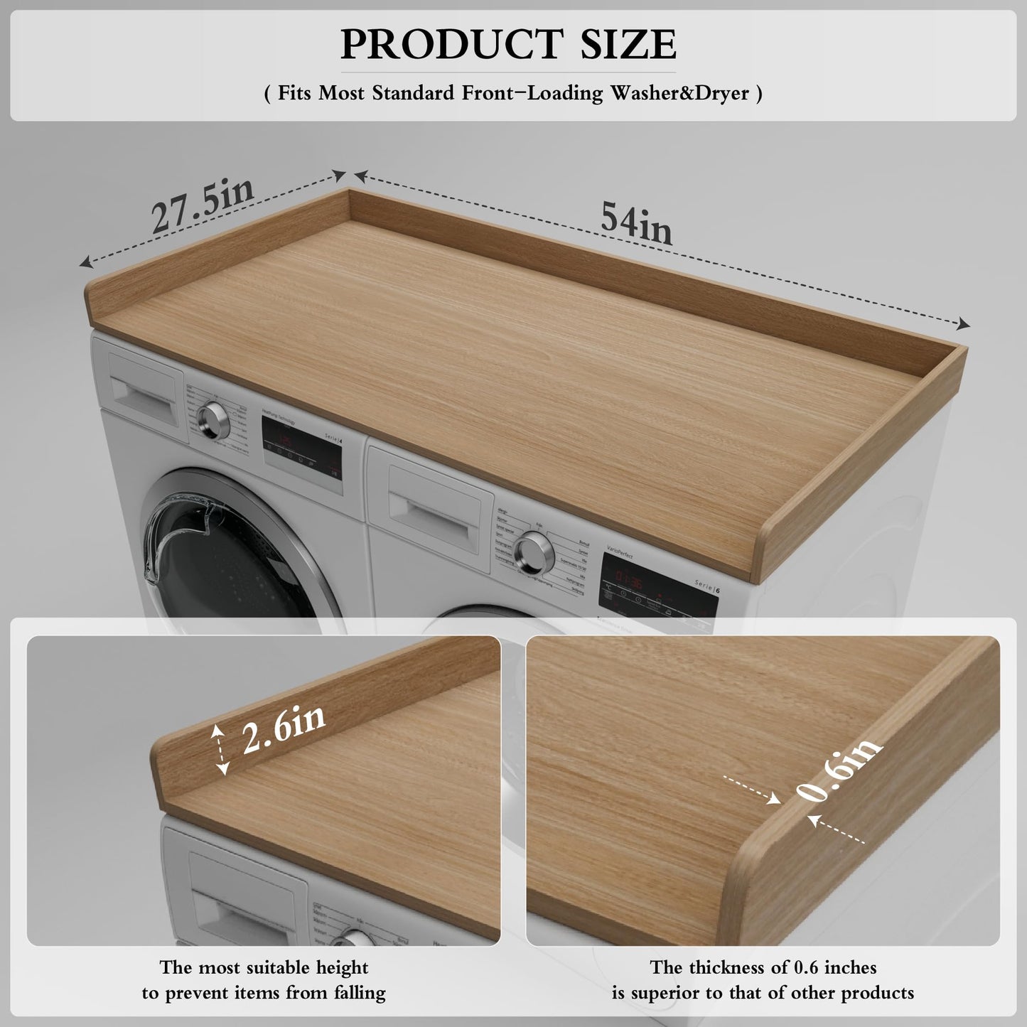 Drconox Washer Dryer Countertop, 27.5" x 54" Inch Washer and Dryer Covers for The Top for Laundry Room Organization, Oak
