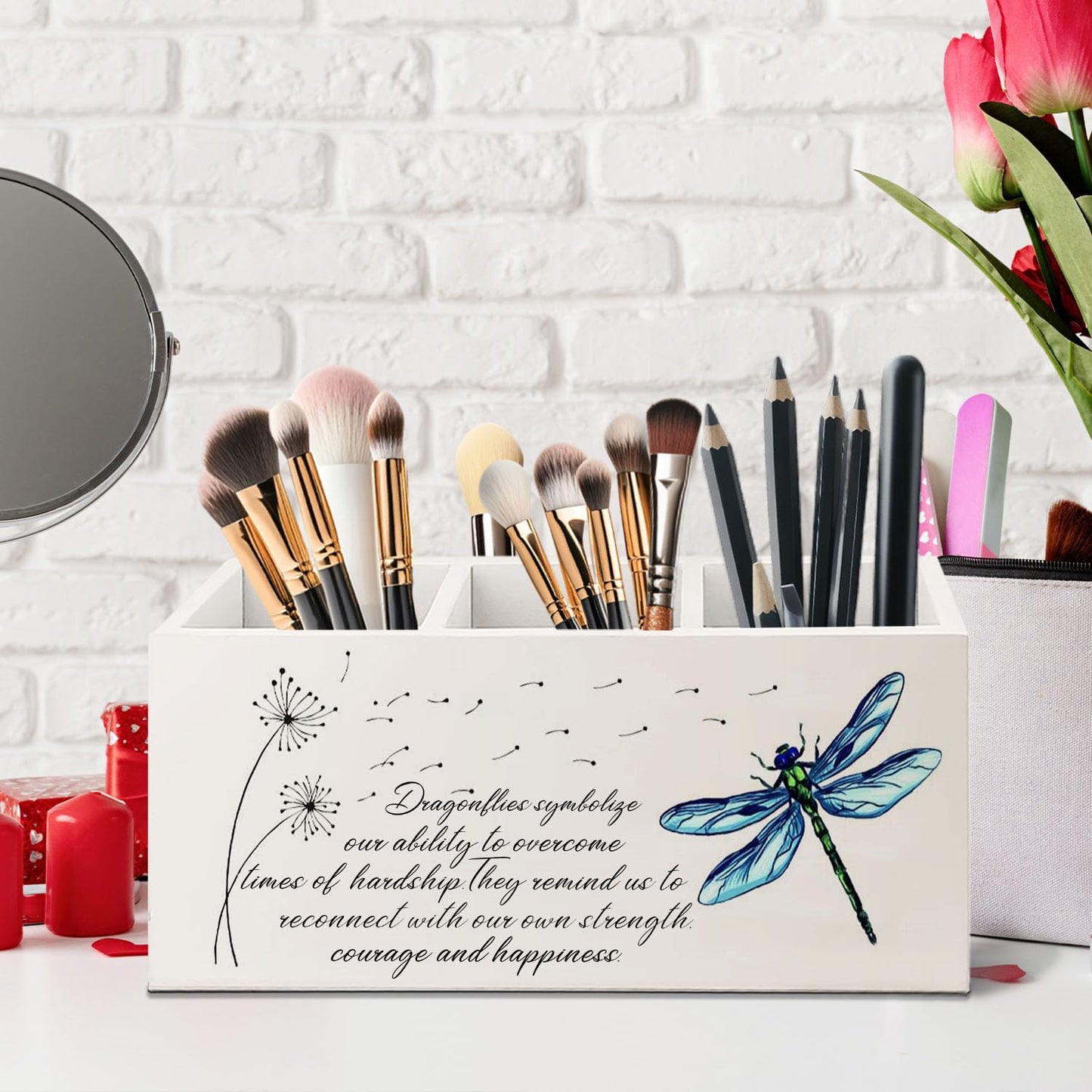 Yhtrg Dragonfly Dandelion Decorative Pencil Holder for Desk, Bookmark Holder Decor, Pen Caddy for Desk Decorative, Motivational Gifts for Women